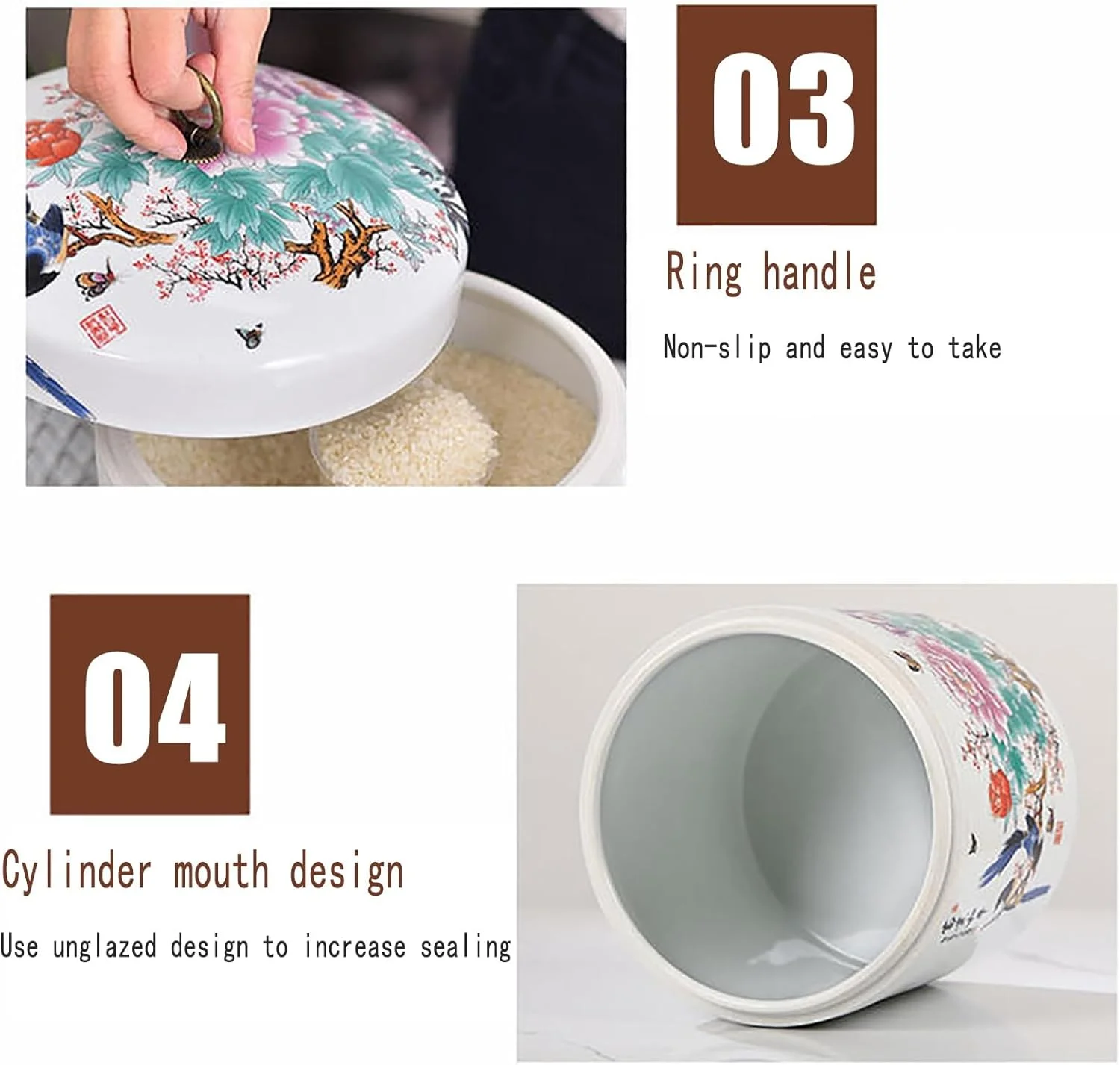 ظرف سرامیکی نگهداری برنج، سطل برنج مهر و موم شده، جعبه نگهداری برنج، کوزه بزرگ برنج، پخش کننده بزرگ برنج، قابلمه برنج مهر و موم شده با ظرفیت بزرگ، سطل نگهداری غذای گربه و سگ با ظرفیت بزرگ، طراحی چینی (D)