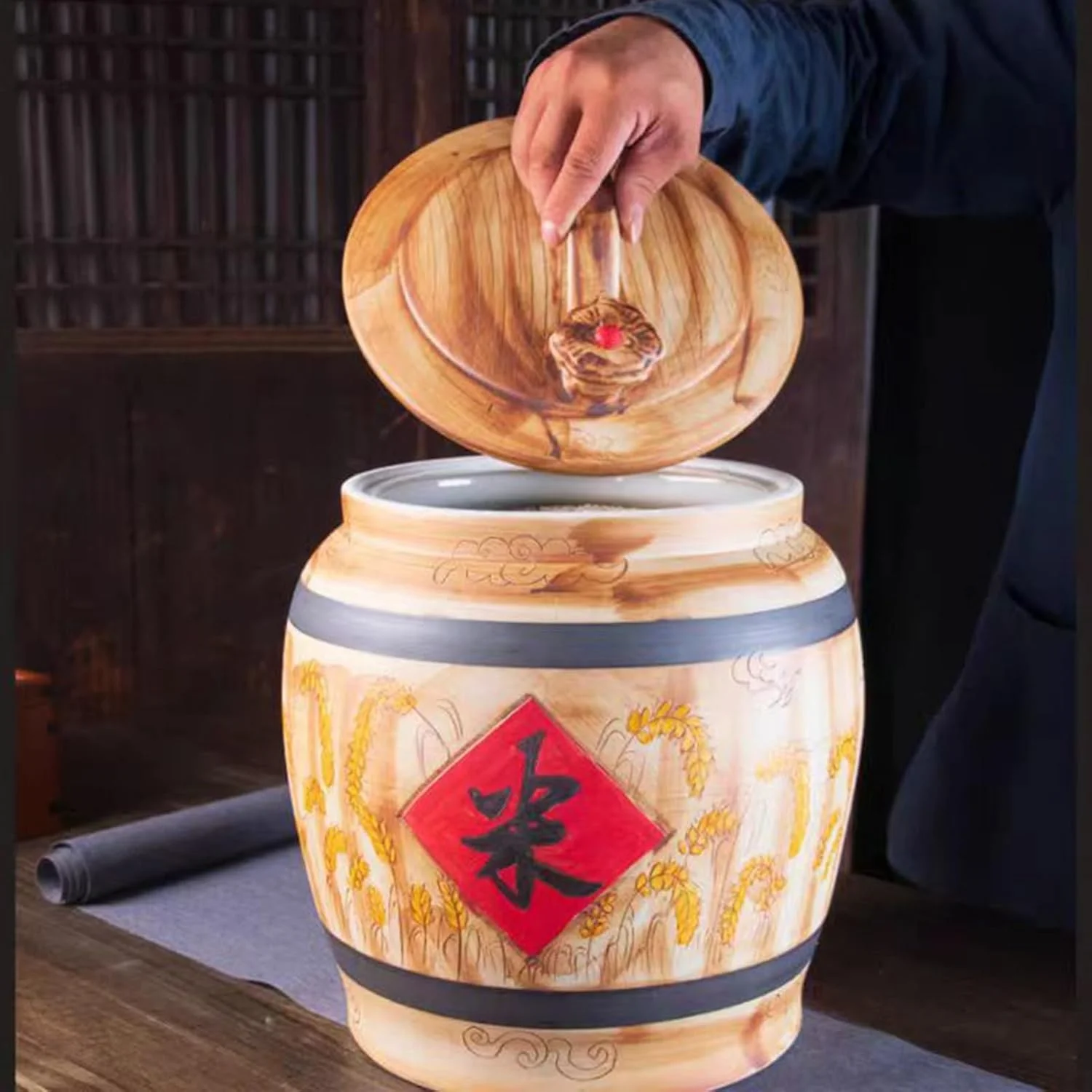 Ceramic Rice Bucket with Lid,Rice Storage Container, Ceramic Rice Cylinder Rice Container, Food Storage Container, for Flour, Nuts, Snacks(25KG) Ceramic Rice Bucket with Lid,Rice Storage Container, Ceramic Rice Cylinder Rice Container, Food Storage Container, for Flour, Nuts, Snacks(25KG)