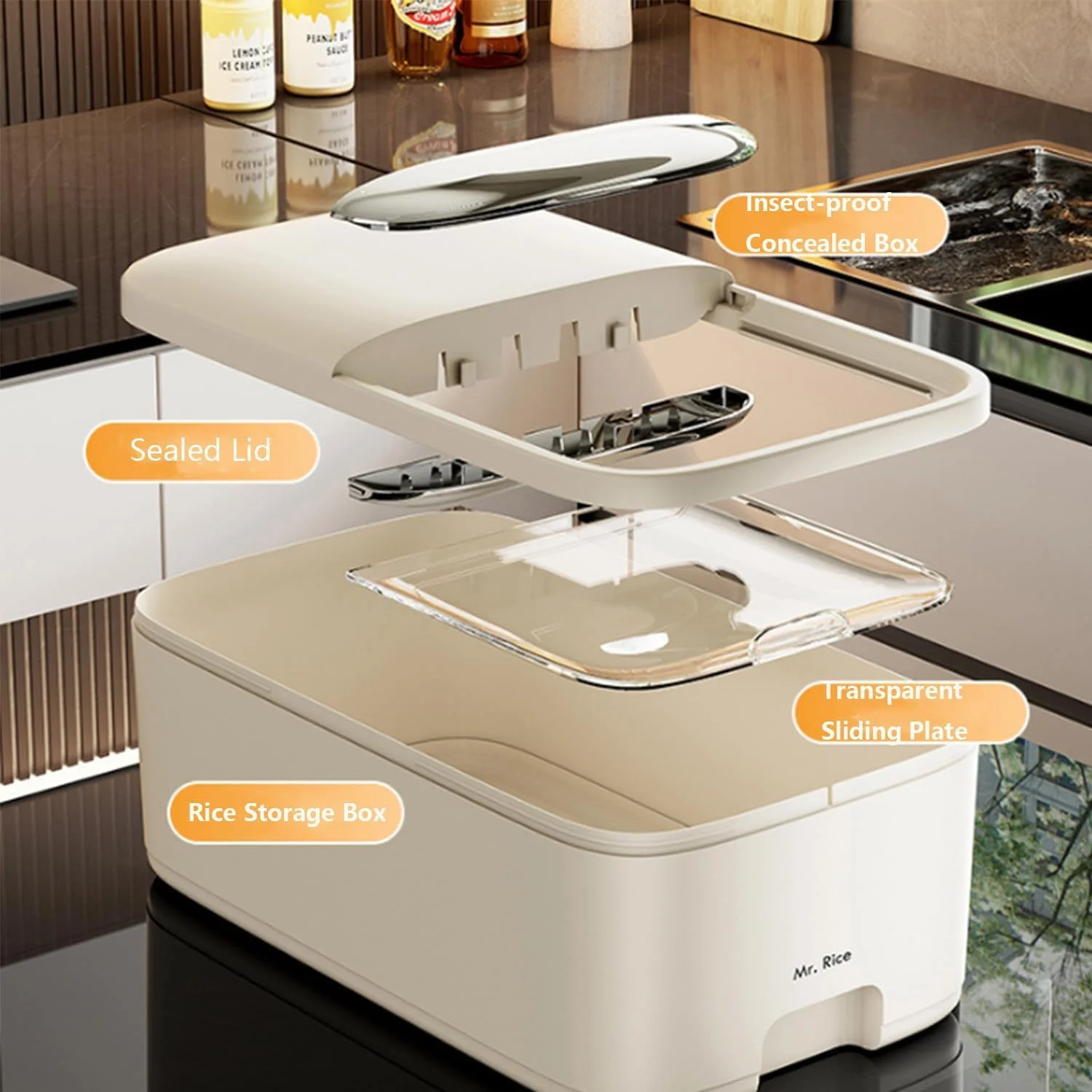 ظرف بزرگ نگهداری غلات با درب، پخش کننده برنج مهر و موم شده بدون BPA با پیمانه اندازه گیری، ظرف پلاستیکی نگهداری برنج برای غلات، حبوبات، سویا، ذرت (بژ، 5 کیلوگرم - 11 پوند)