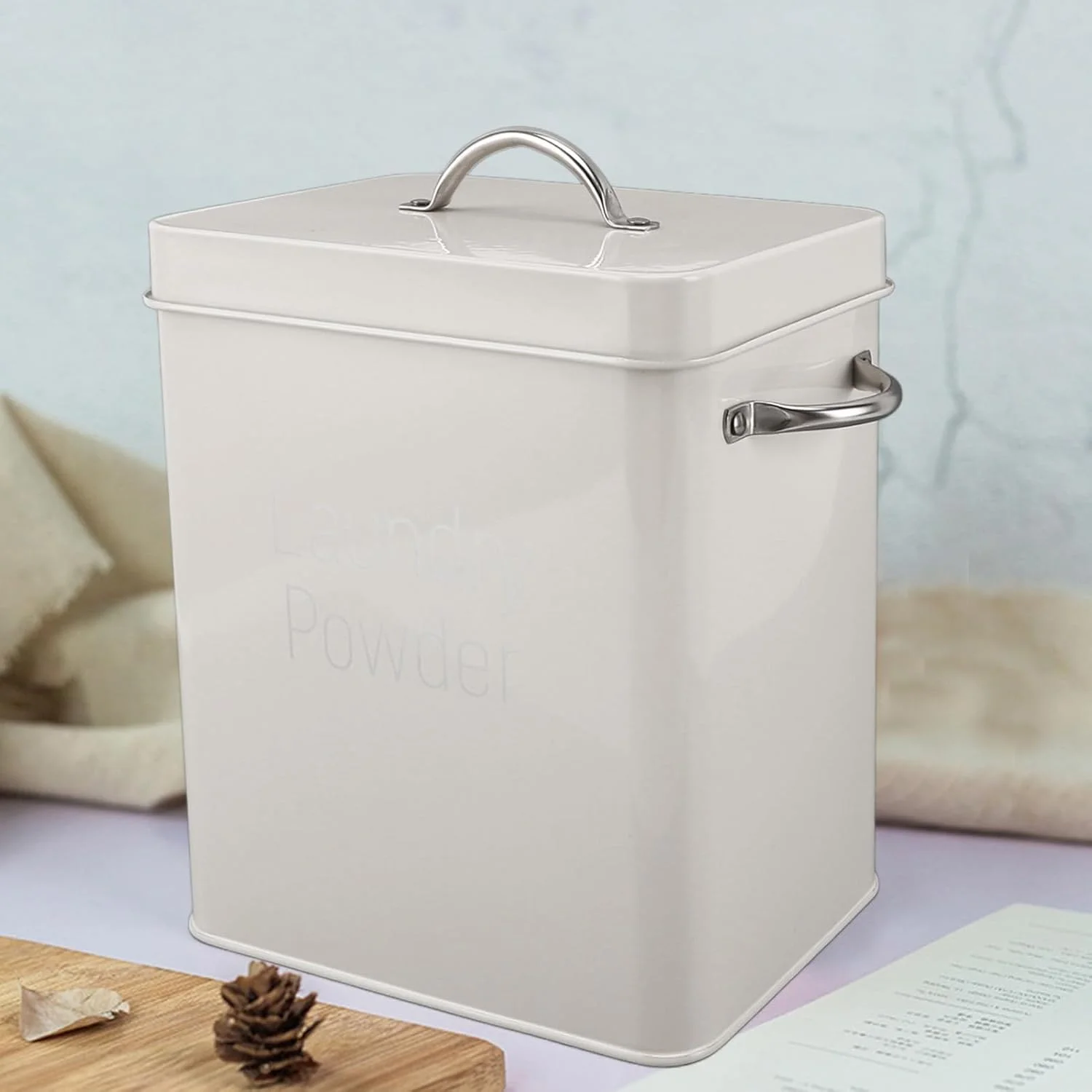 ظرف پودر لباسشویی BROLEO، ظرف استیل ضد زنگ برای اتاق لباسشویی با ابعاد 20x16x11.7 سانتی متر، ظرف پودر لباسشویی فلزی به همراه قاشق برای اتاق لباسشویی