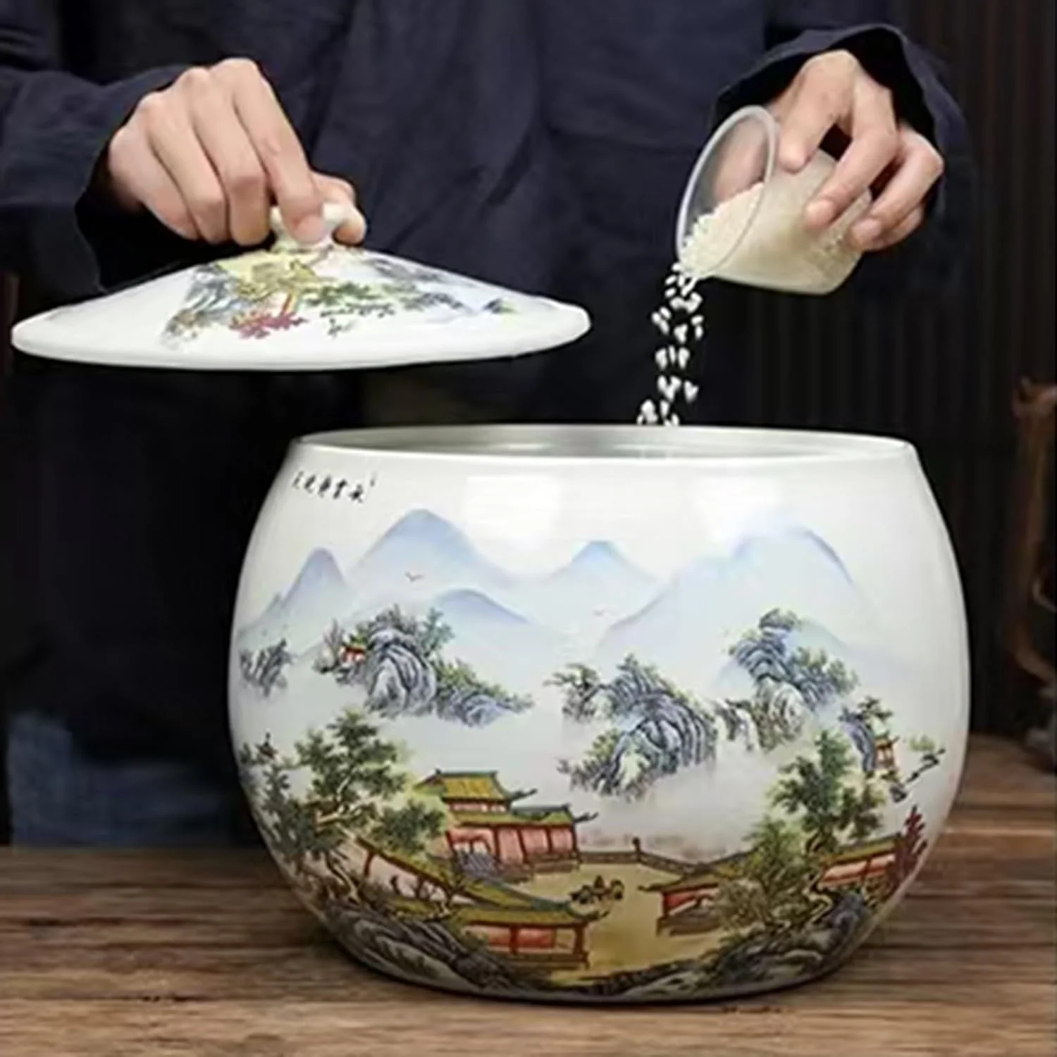 ظرف برنج سرامیکی، محفظه برنج، استوانه برنج سرامیکی، ظرف نگهداری غلات با درب، ظرف ذخیره برنج، پخش کننده مواد غذایی (مدل J)