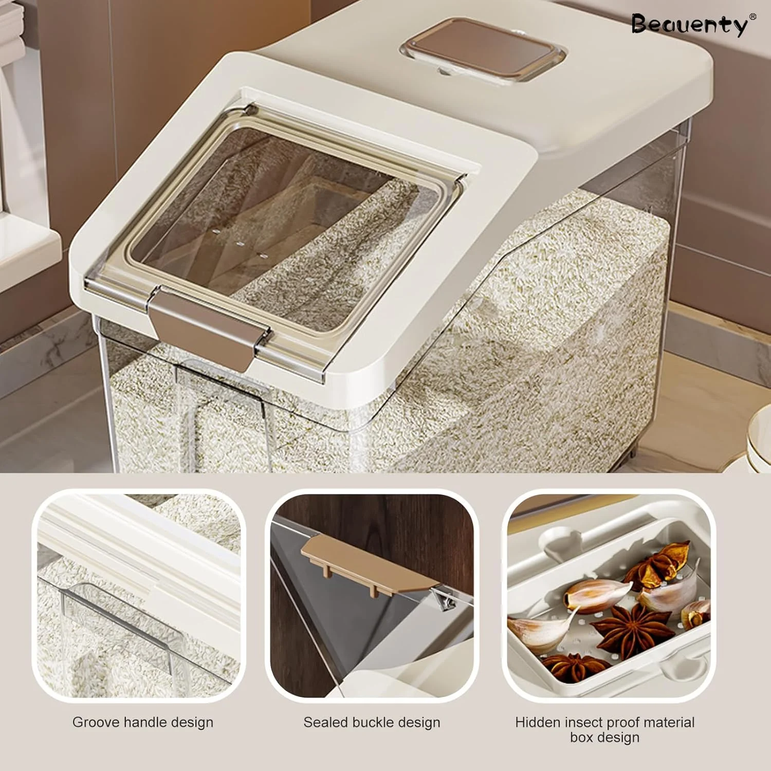ظرف نگهداری برنج Beauenty، جعبه نگهداری برنج درب دار، جعبه نگهداری مواد غذایی خشک 10 کیلوگرمی/15 کیلوگرمی، بدون BPA (10 کیلوگرم، سفید) ظرف نگهداری برنج Beauenty، جعبه نگهداری برنج درب دار، جعبه نگهداری مواد غذایی خشک 10 کیلوگرمی/15 کیلوگرمی، بدون BPA (10 کیلوگرم، سفید)
