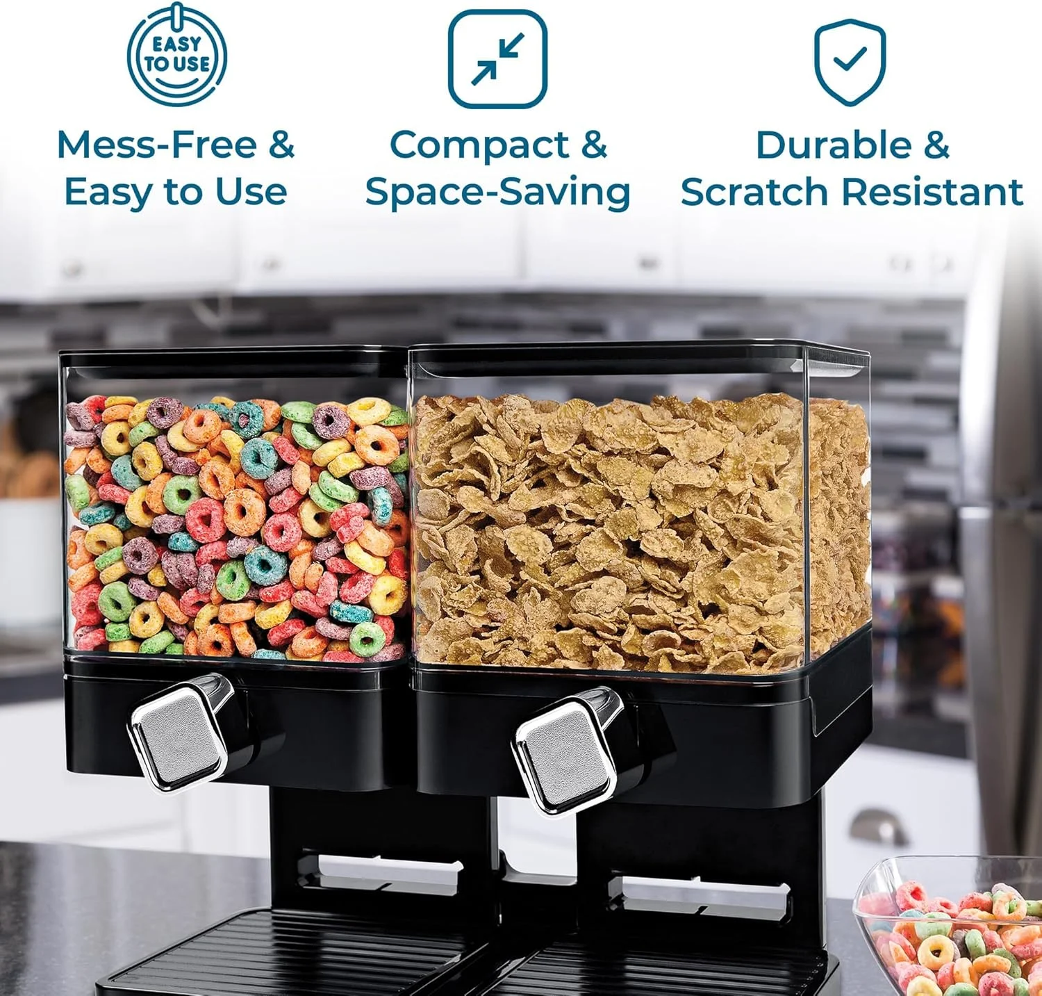 ظرف نگهدارنده دوگانه مواد غذایی خشک Azonee با کنترل میزان خروجی، ظرف فشرده نگهداری غلات و تنقلات برای روی کابینت آشپزخانه، ایده آل برای جو دوسر، برنج، آبنبات، آجیل (مشکی/کروم) ظرف نگهدارنده دوگانه مواد غذایی خشک Azonee با کنترل میزان خروجی، ظرف فشرده نگهداری غلات و تنقلات برای روی کابینت آشپزخانه، ایده آل برای جو دوسر، برنج، آبنبات، آجیل (مشکی/کروم)