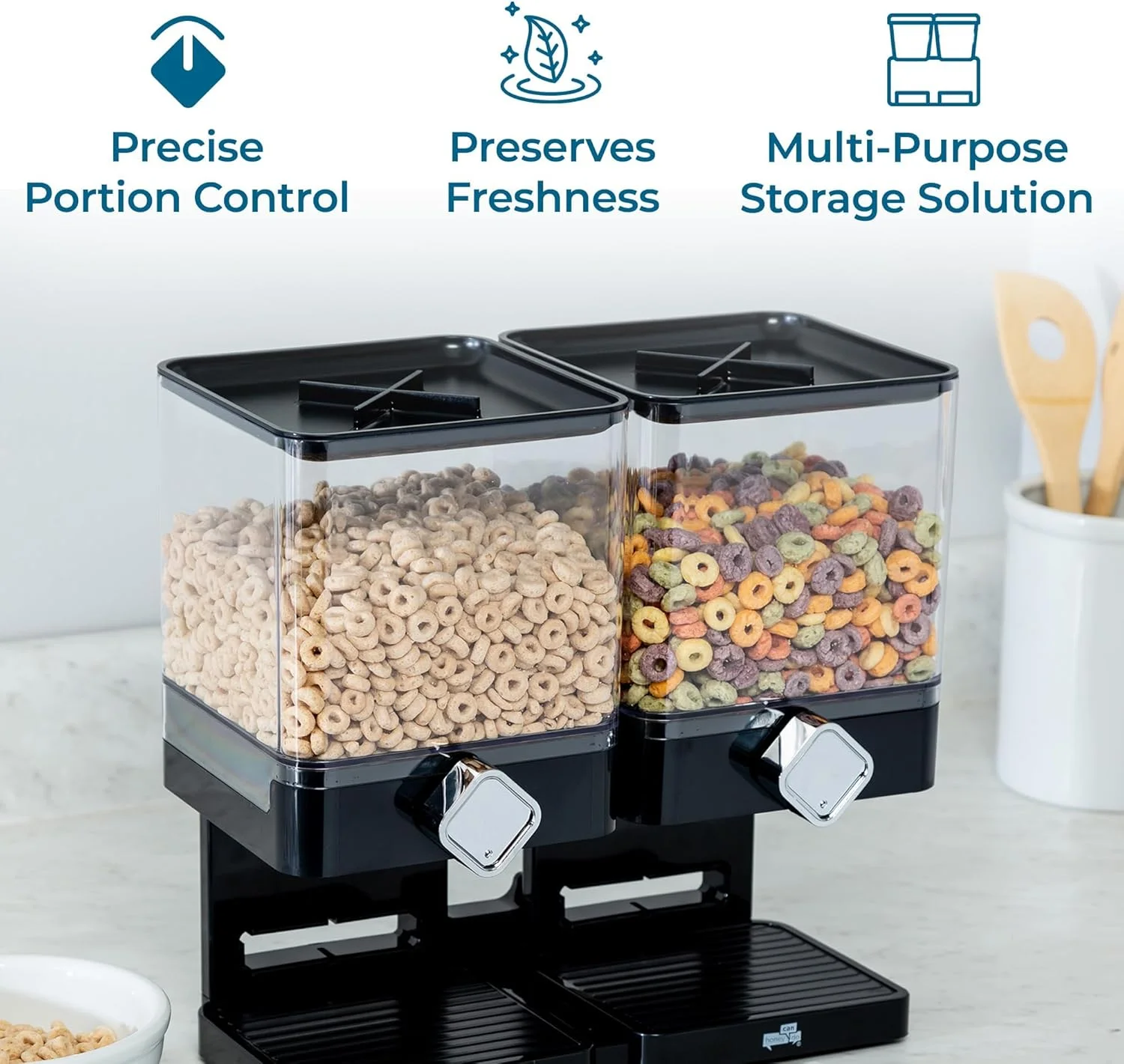 ظرف نگهدارنده دوگانه مواد غذایی خشک Azonee با کنترل میزان خروجی، ظرف فشرده نگهداری غلات و تنقلات برای روی کابینت آشپزخانه، ایده آل برای جو دوسر، برنج، آبنبات، آجیل (مشکی/کروم) ظرف نگهدارنده دوگانه مواد غذایی خشک Azonee با کنترل میزان خروجی، ظرف فشرده نگهداری غلات و تنقلات برای روی کابینت آشپزخانه، ایده آل برای جو دوسر، برنج، آبنبات، آجیل (مشکی/کروم)