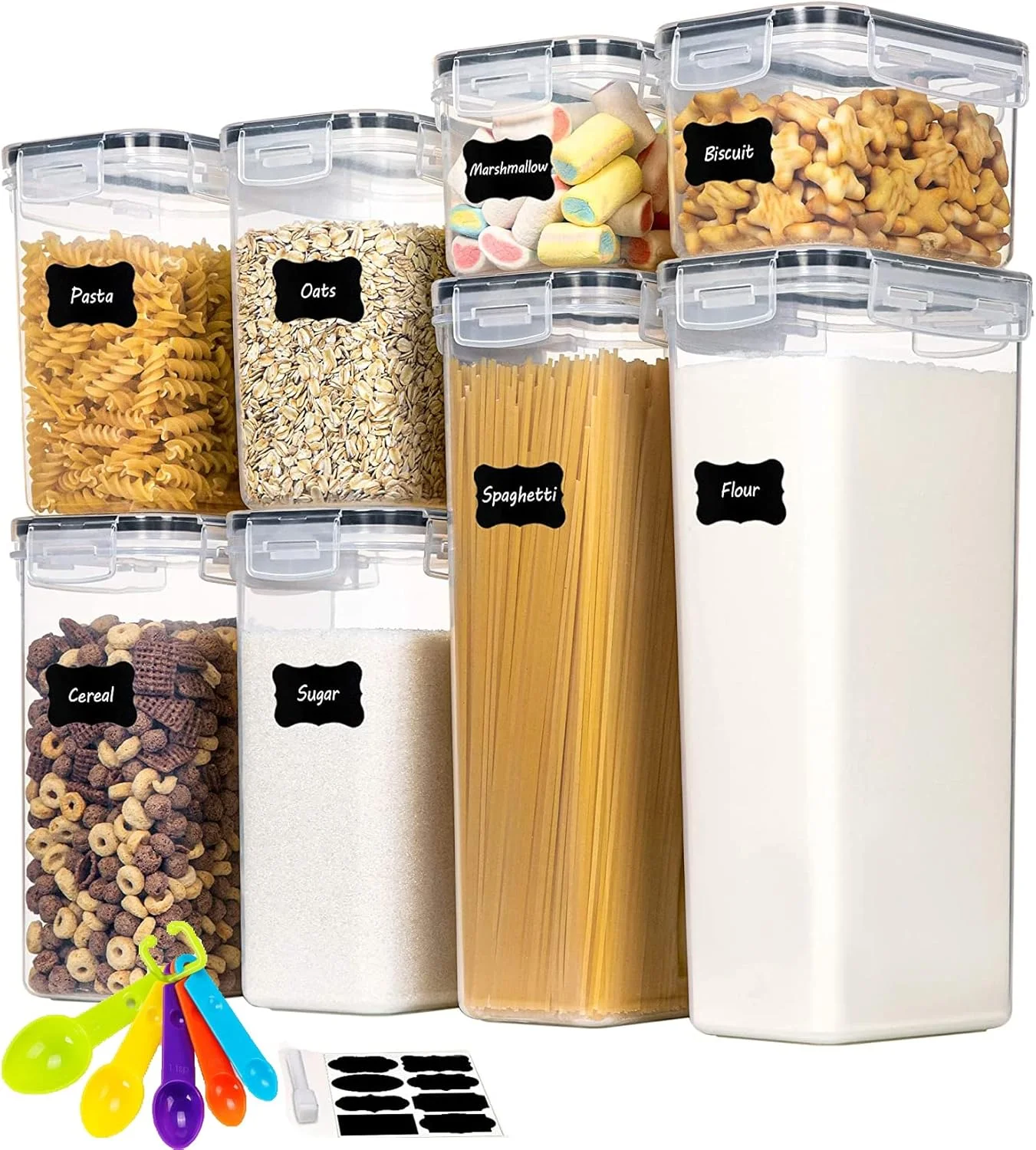 ست ظروف نگهداری مواد غذایی درب دار Arabest، شامل 8 عدد ظرف شفاف، بدون BPA، مناسب نگهداری غلات و تنقلات به همراه برچسب و قاشق کوچک برای سازماندهی و نگهداری مواد غذایی در آشپزخانه