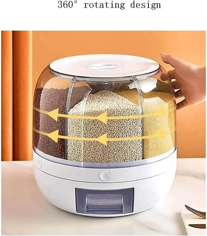 ظرف پخش کننده برنج AWH با 6 محفظه، ظرف نگهداری برنج و غلات، سطل چرخشی نگهداری برنج، خروجی برنج گرد با یک کلیک برای غلات، تنقلات، غذای سگ و دانه های قهوه ظرف پخش کننده برنج AWH با 6 محفظه، ظرف نگهداری برنج و غلات، سطل چرخشی نگهداری برنج، خروجی برنج گرد با یک کلیک برای غلات، تنقلات، غذای سگ و دانه های قهوه