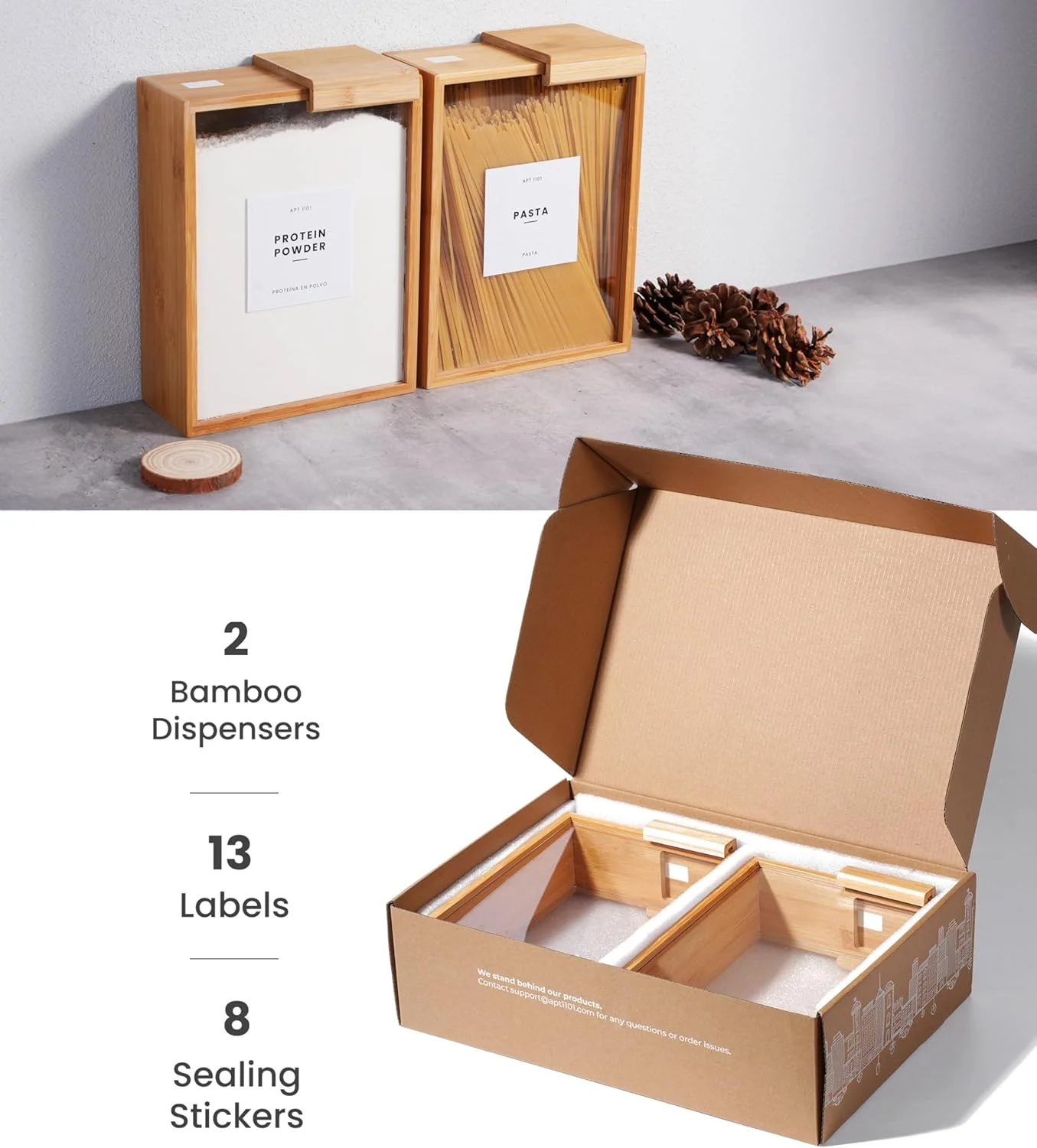 ظرف غذا APT 1101 با گنجایش 2 لیتر | سازمان دهنده و نگهدارنده آشپزخانه | ظروف غذا و پخش کننده غلات برای سازماندهی انبار و ظرف نگهداری | غلات، برنج، آرد، تنقلات (بامبو، 2 عدد) (شیشه، 2 عدد)