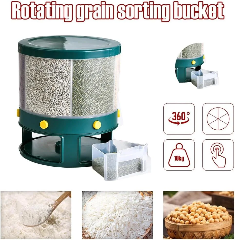 ظرف نگهداری غلات AMERTEER - پخش کننده تنقلات 6 قسمتی، پخش کننده غلات رومیزی، پخش کننده گرد دانه برنج با خروجی تک کلیک، ظرف آشپزخانه برای دانه های کوچک، حبوبات، ظرف برنج
