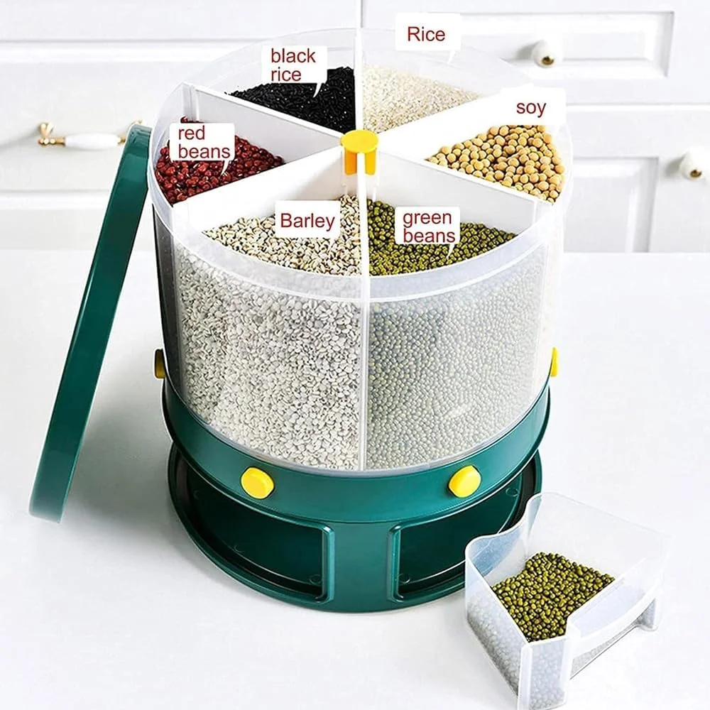 ظرف نگهداری غلات AMERTEER - پخش کننده تنقلات 6 قسمتی، پخش کننده غلات رومیزی، پخش کننده گرد دانه برنج با خروجی تک کلیک، ظرف آشپزخانه برای دانه های کوچک، حبوبات، ظرف برنج