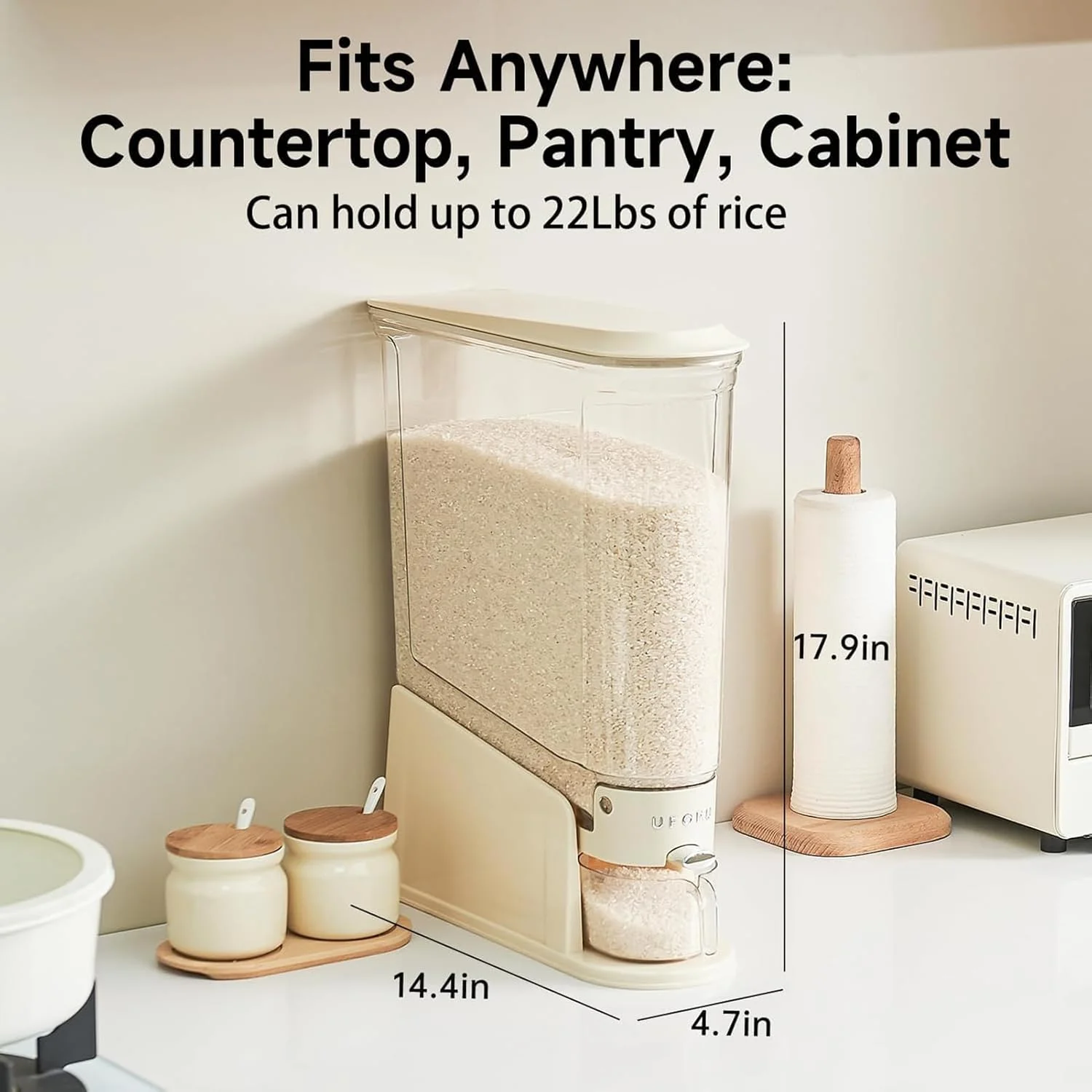 ظرف نگهداری برنج آنتول، ظرف ذخیره سازی باریک برنج 10 کیلویی، ظروف نگهداری غلات و مواد غذایی خشک شفاف بدون BPA، ضد رطوبت و مهر و موم شده با پیمانه اندازه گیری، ظرف غذای دربسته برای ذرت و غلات (سفید)