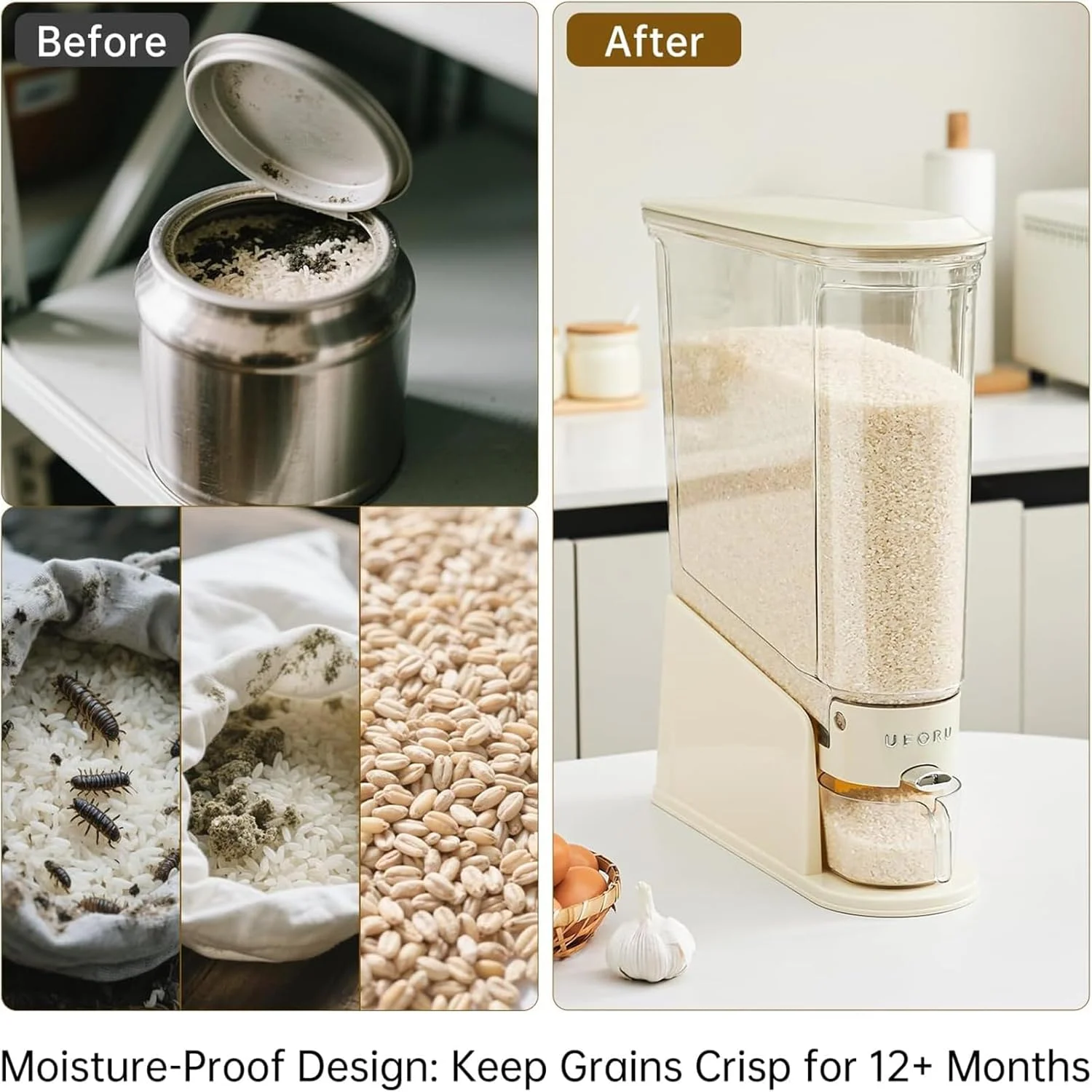 ظرف نگهداری برنج آنتول، ظرف ذخیره سازی باریک برنج 10 کیلویی، ظروف نگهداری غلات و مواد غذایی خشک شفاف بدون BPA، ضد رطوبت و مهر و موم شده با پیمانه اندازه گیری، ظرف غذای دربسته برای ذرت و غلات (سفید)