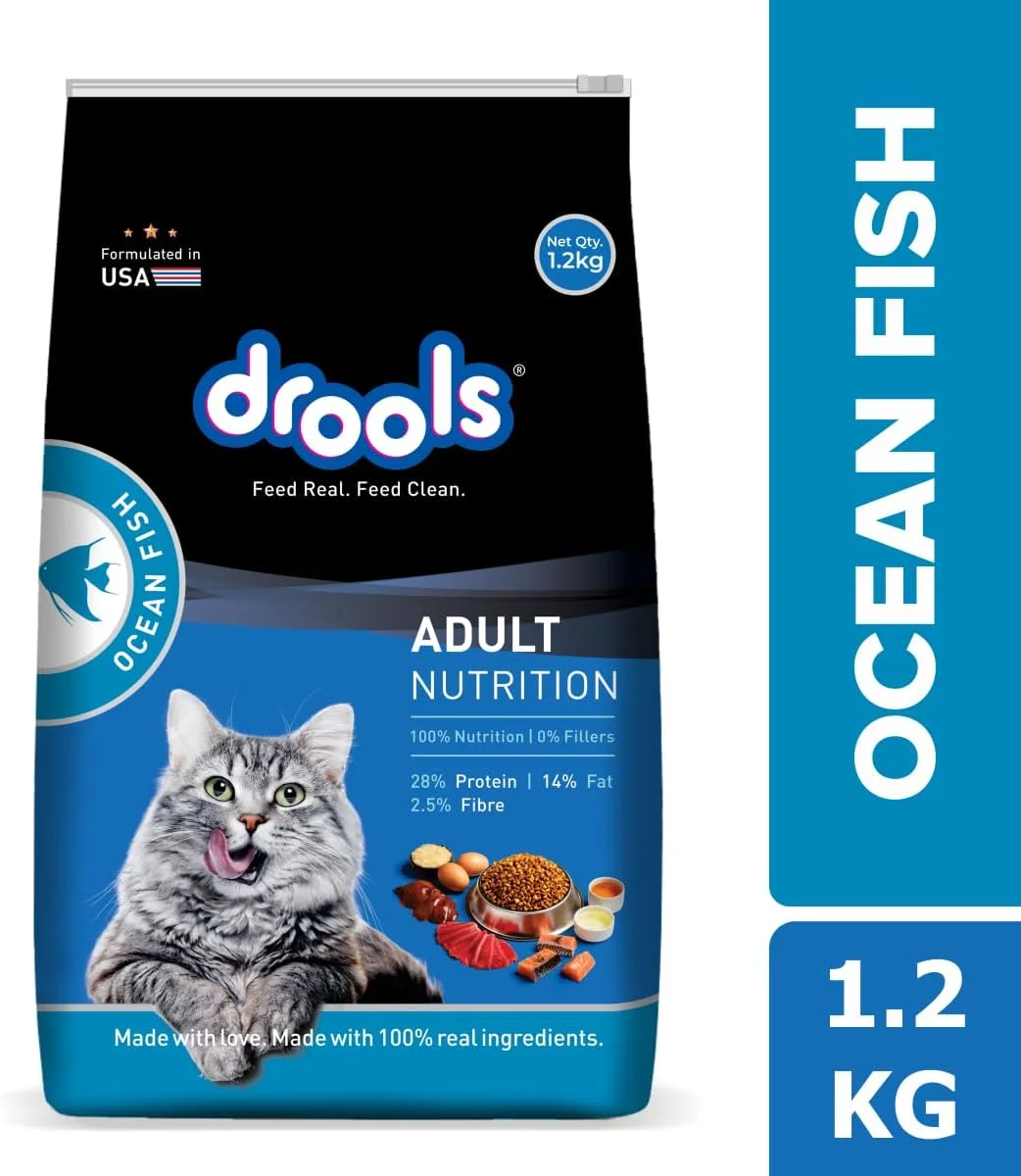 غذای خشک گربه بالغ درولز، ماهی اقیانوسی، 1.2 کیلوگرم | رژیم غذایی 100% مغذی با ماهی واقعی، کنترل گلوله مویی، تورین برای قلب و بینایی، امگا 3 و 6 برای پوست و موی سالم، پشتیبانی از هضم و ایمنی