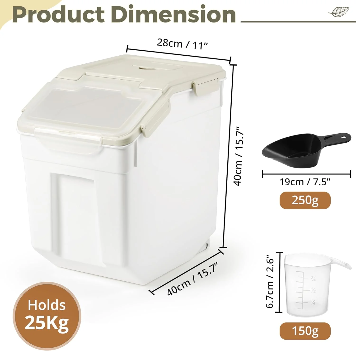 ظرف برنج ABOUT SPACE با ظرفیت 25 کیلوگرم - ظرف نگهداری برنج دربسته با پیمانه و بیلچه - مخزن برنج - سازمان دهنده ضد رطوبت آشپزخانه برای غلات، حبوبات و غذای حیوانات خانگی - خاکستری، پلاستیکی