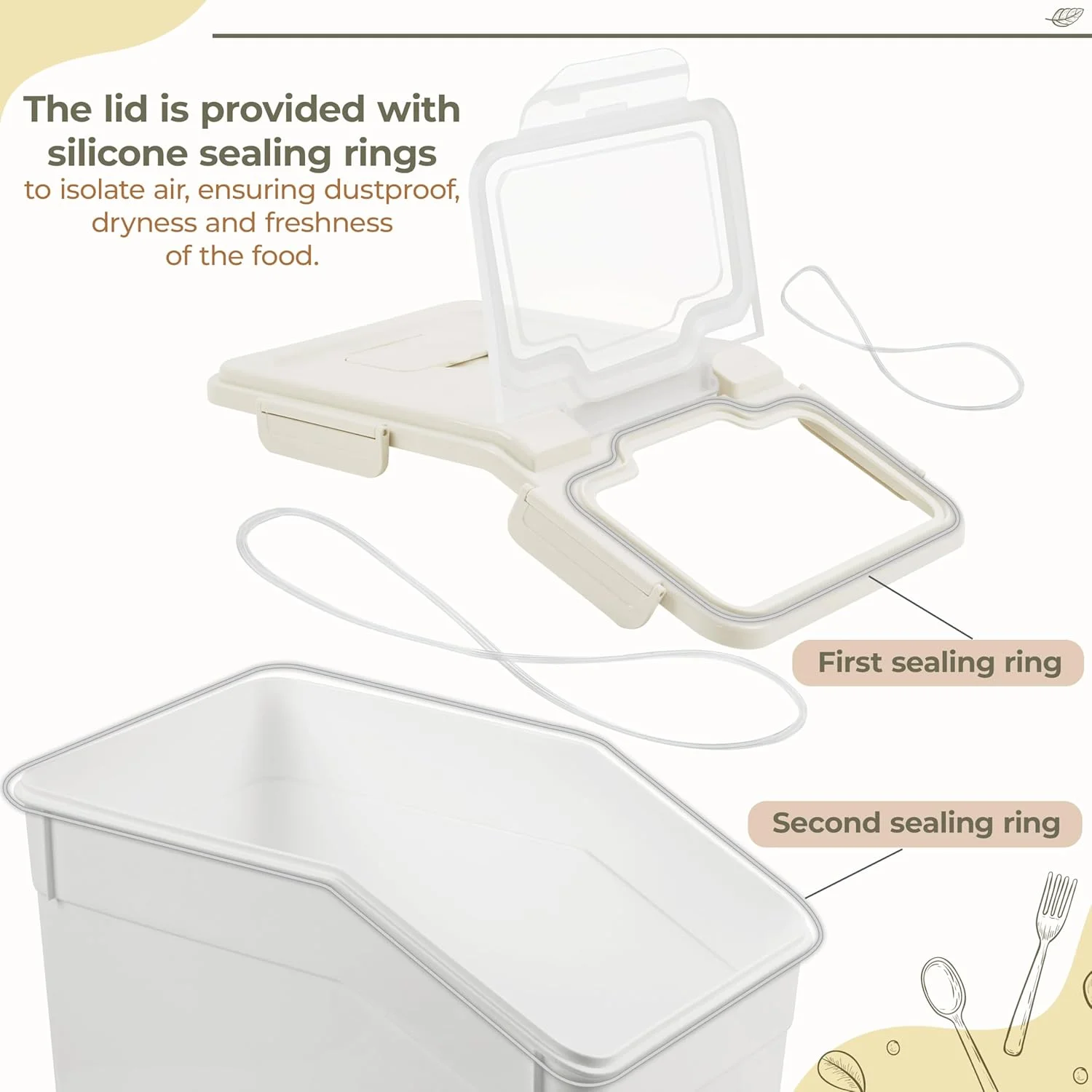 ظرف برنج ABOUT SPACE با ظرفیت 25 کیلوگرم - ظرف نگهداری برنج دربسته با پیمانه و بیلچه - مخزن برنج - سازمان دهنده ضد رطوبت آشپزخانه برای غلات، حبوبات و غذای حیوانات خانگی - خاکستری، پلاستیکی