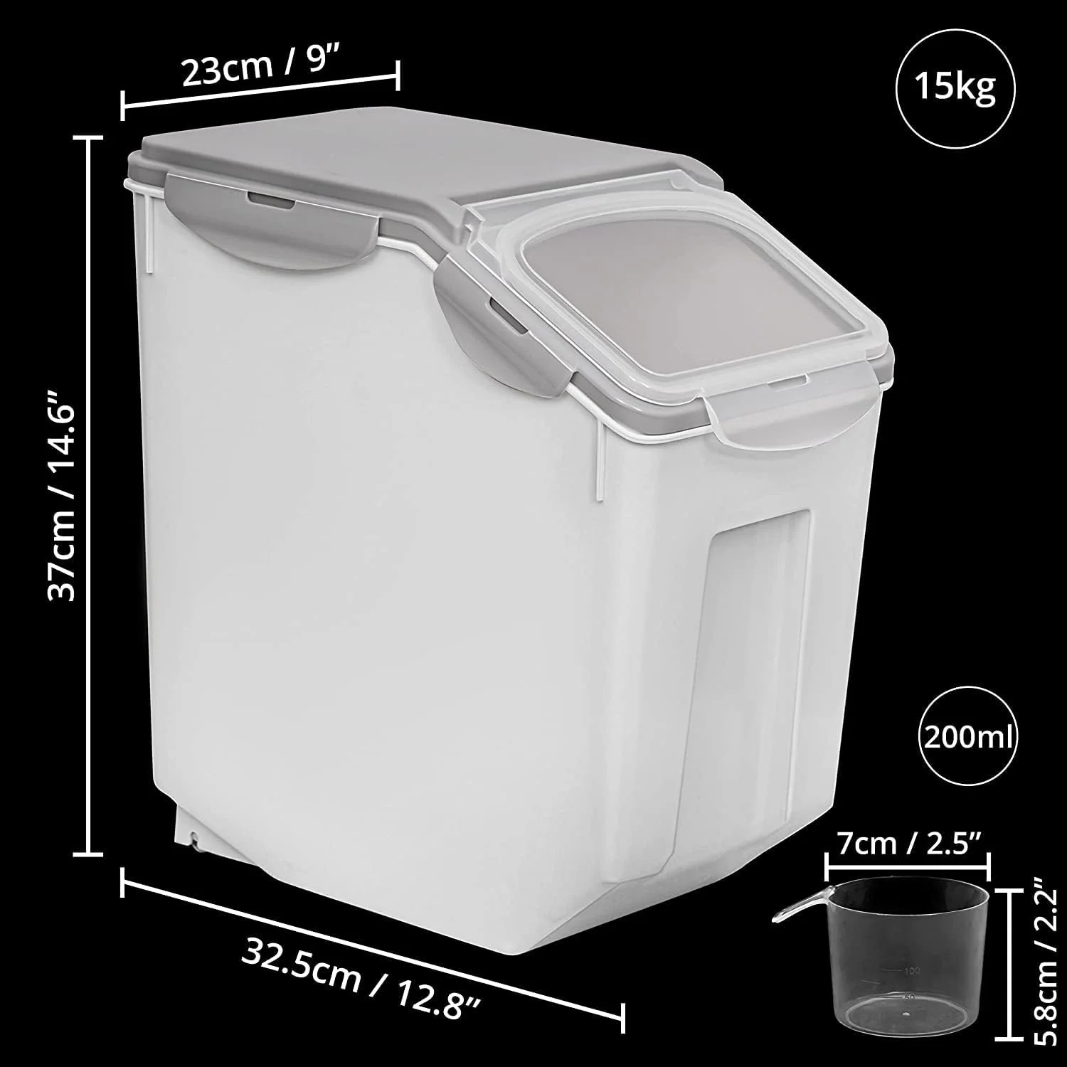 ظرف نگهداری برنج ABOUT SPACE با ظرفیت 15 کیلوگرم (دو عددی)، محفظه نگهداری برنج دربسته با پیمانه اندازه گیری - محفظه بشکه ای برنج - سازمان دهنده آشپزخانه ضد رطوبت برای غلات، حبوبات و غذای حیوانات خانگی - خاکستری، پلاستیکی