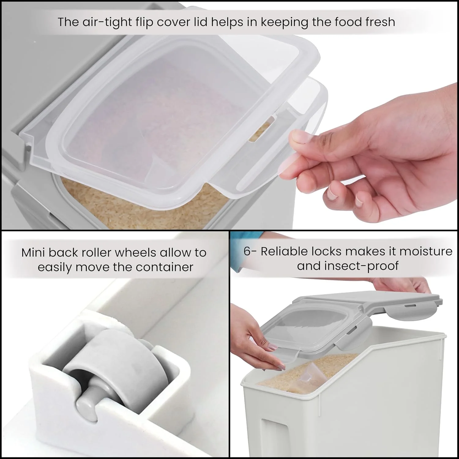 ظرف نگهداری برنج ABOUT SPACE با ظرفیت 15 کیلوگرم (دو عددی)، محفظه نگهداری برنج دربسته با پیمانه اندازه گیری - محفظه بشکه ای برنج - سازمان دهنده آشپزخانه ضد رطوبت برای غلات، حبوبات و غذای حیوانات خانگی - خاکستری، پلاستیکی