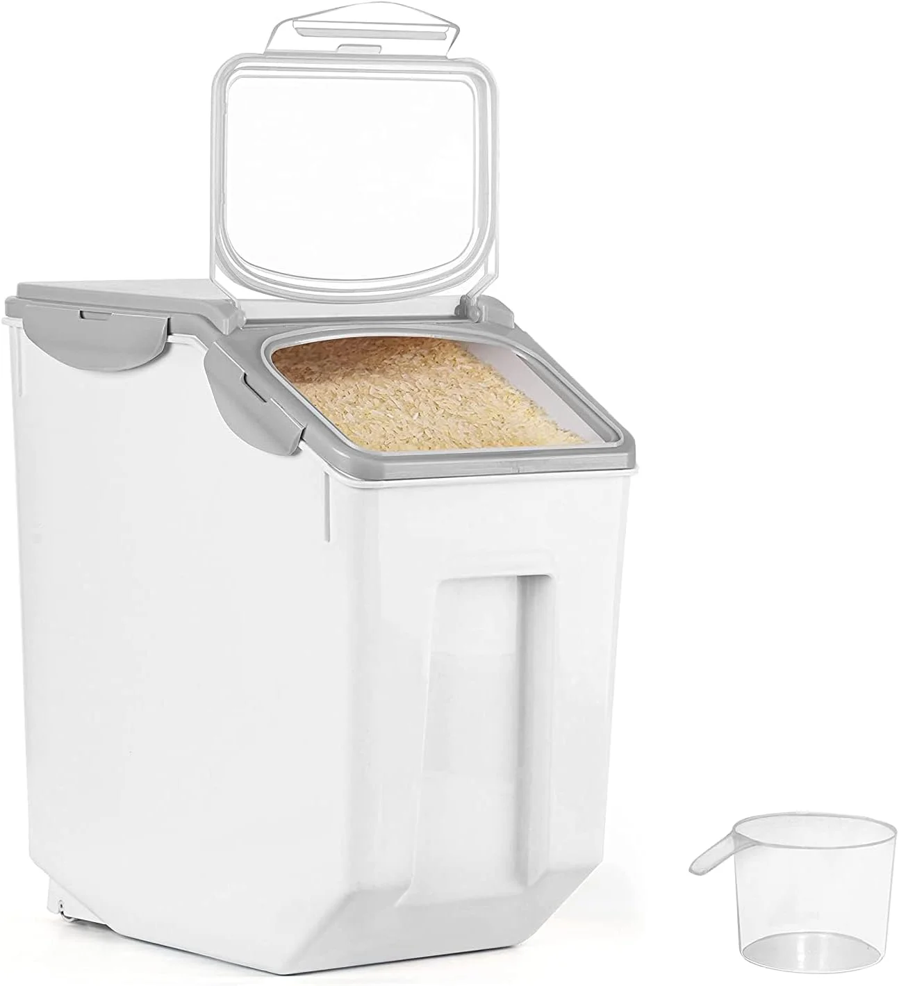 ظرف نگهداری برنج ABOUT SPACE با ظرفیت 15 کیلوگرم (دو عددی)، محفظه نگهداری برنج دربسته با پیمانه اندازه گیری - محفظه بشکه ای برنج - سازمان دهنده آشپزخانه ضد رطوبت برای غلات، حبوبات و غذای حیوانات خانگی - خاکستری، پلاستیکی
