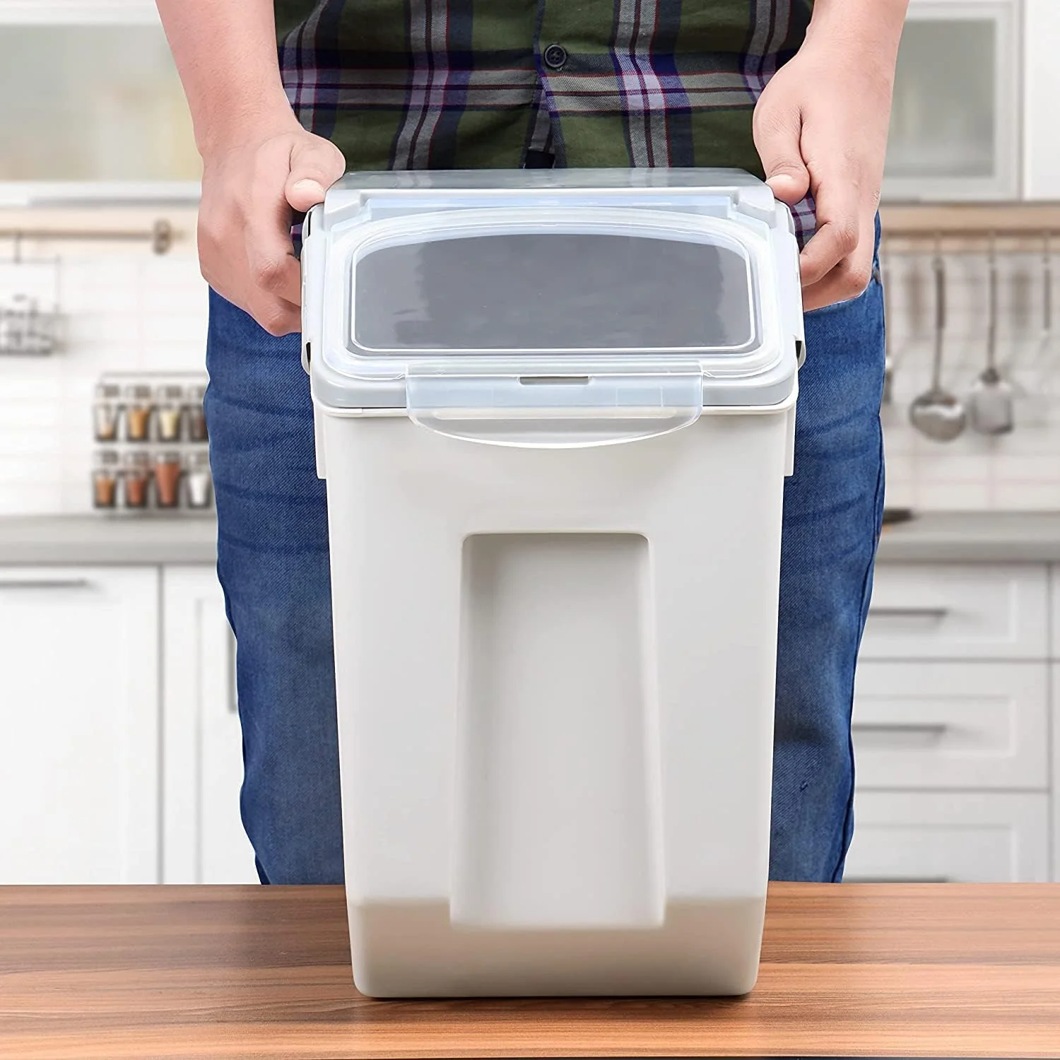 ظرف نگهداری برنج ABOUT SPACE با ظرفیت 15 کیلوگرم (دو عددی)، محفظه نگهداری برنج دربسته با پیمانه اندازه گیری - محفظه بشکه ای برنج - سازمان دهنده آشپزخانه ضد رطوبت برای غلات، حبوبات و غذای حیوانات خانگی - خاکستری، پلاستیکی