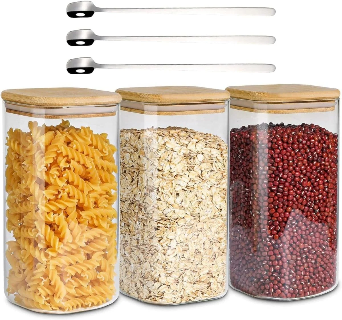 ست 3 عددی شیشه های مربعی ذخیره سازی 1CHASE با درب/قاشق بامبو محکم، 1500 میلی لیتر (50 اونس)، ست ظروف شیشه ای بوروسیلیکات برای نگهداری مواد غذایی در آشپزخانه، مناسب برای نگهداری آبنبات، کلوچه، برنج، شکر، آرد، پاستا و آجیل ست 3 عددی شیشه های مربعی ذخیره سازی 1CHASE با درب/قاشق بامبو محکم، 1500 میلی لیتر (50 اونس)، ست ظروف شیشه ای بوروسیلیکات برای نگهداری مواد غذایی در آشپزخانه، مناسب برای نگهداری آبنبات، کلوچه، برنج، شکر، آرد، پاستا و آجیل