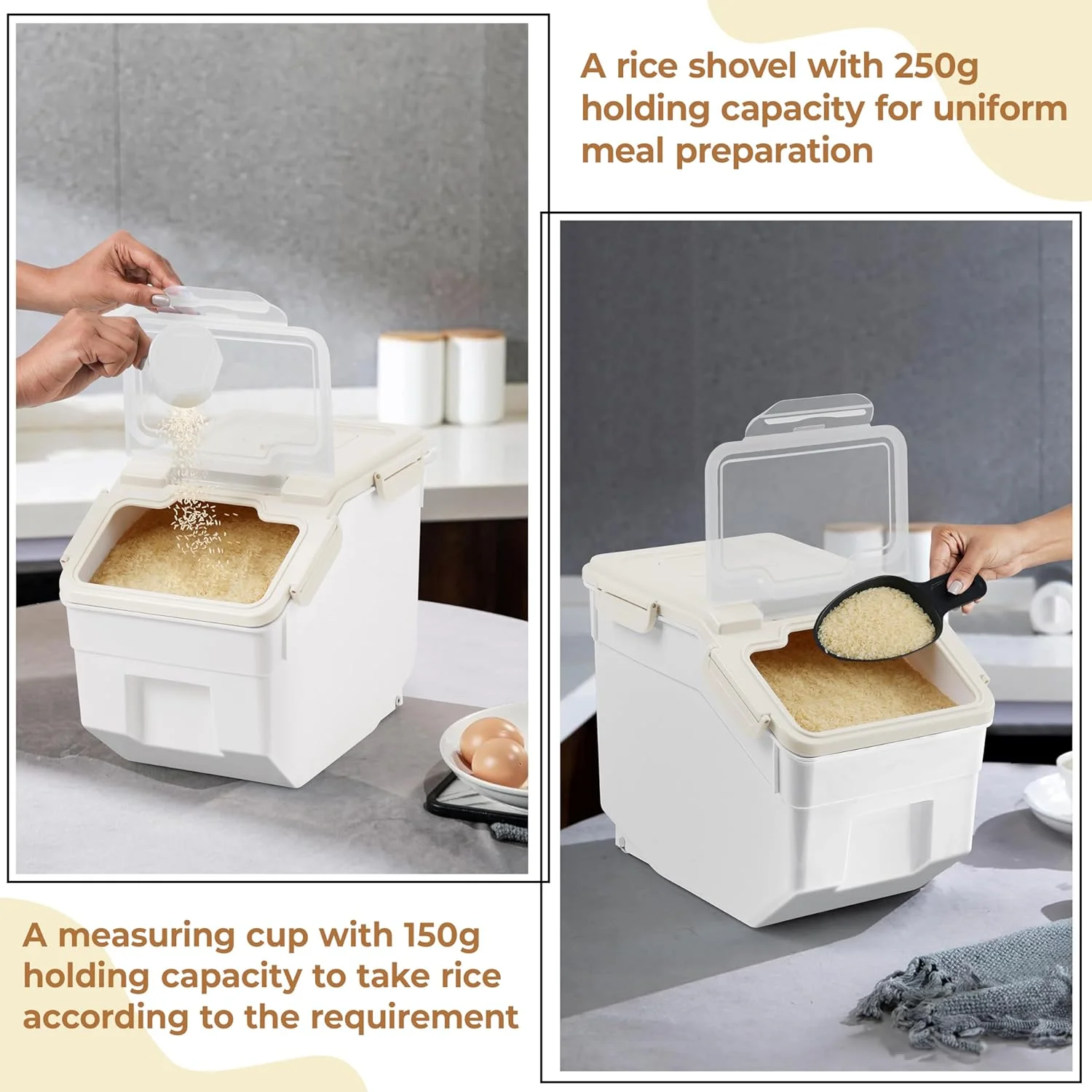 ظرف برنج 10 کیلوگرمی ABOUT SPACE (بسته 2 عددی) ظرف نگهداری برنج دربسته با پیمانه اندازه گیری و بیلچه برنج - پخش کننده بشکه برنج - سازمان دهنده آشپزخانه ضد رطوبت برای غلات، حبوبات - پلاستیکی، سفید ظرف برنج 10 کیلوگرمی ABOUT SPACE (بسته 2 عددی) ظرف نگهداری برنج دربسته با پیمانه اندازه گیری و بیلچه برنج - پخش کننده بشکه برنج - سازمان دهنده آشپزخانه ضد رطوبت برای غلات، حبوبات - پلاستیکی، سفید