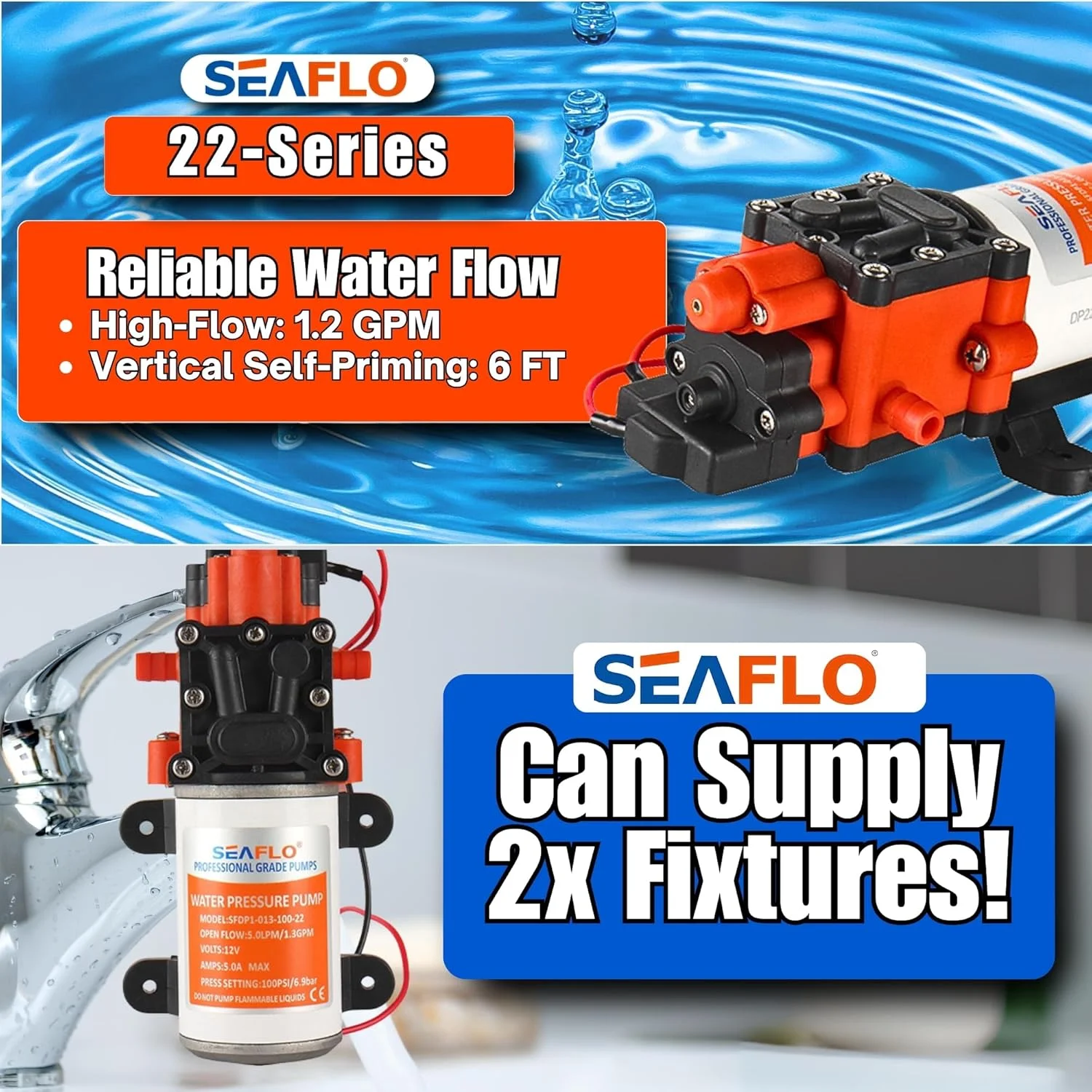 پمپ دیافراگمی خود مکش 12 ولت Seaflo با فشار 100PSI