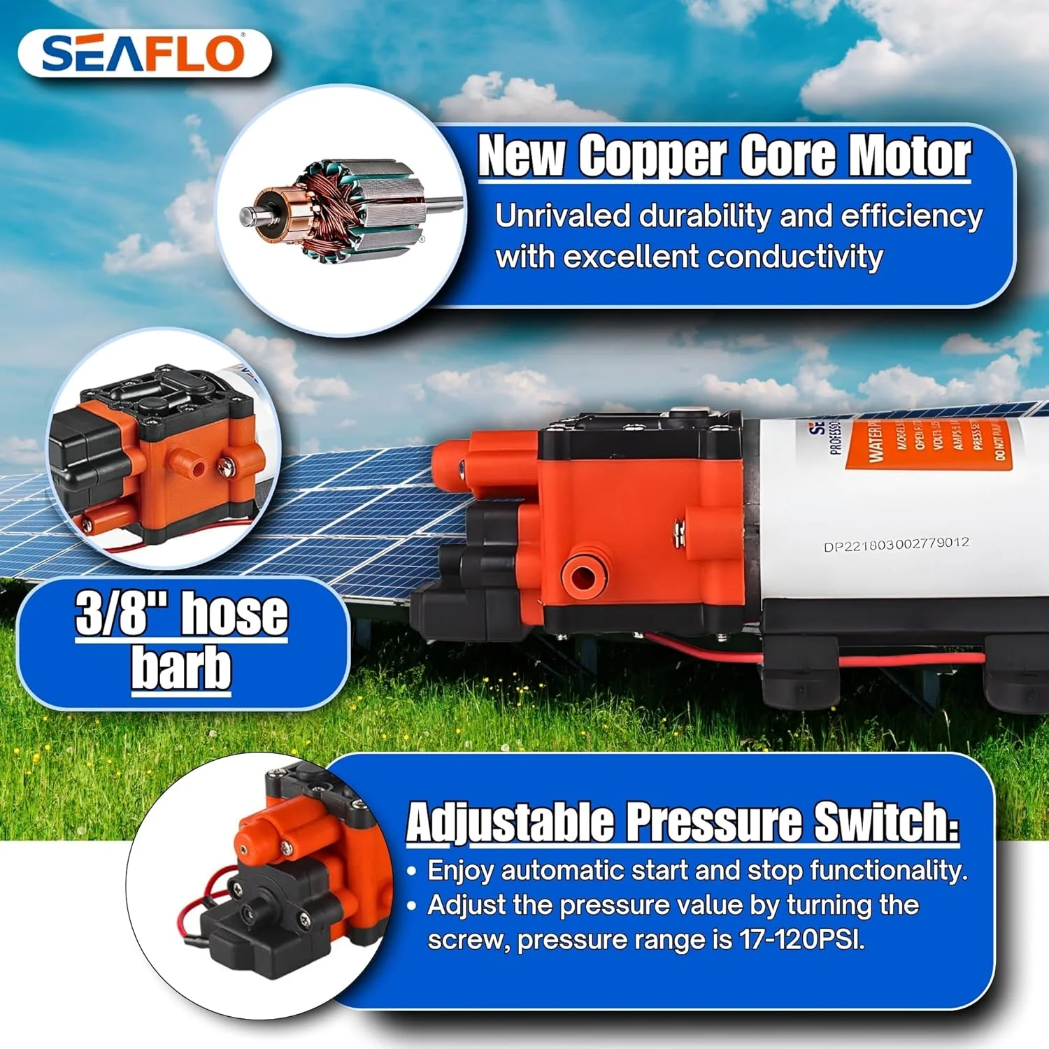 پمپ دیافراگمی خود مکش 12 ولت Seaflo با فشار 100PSI