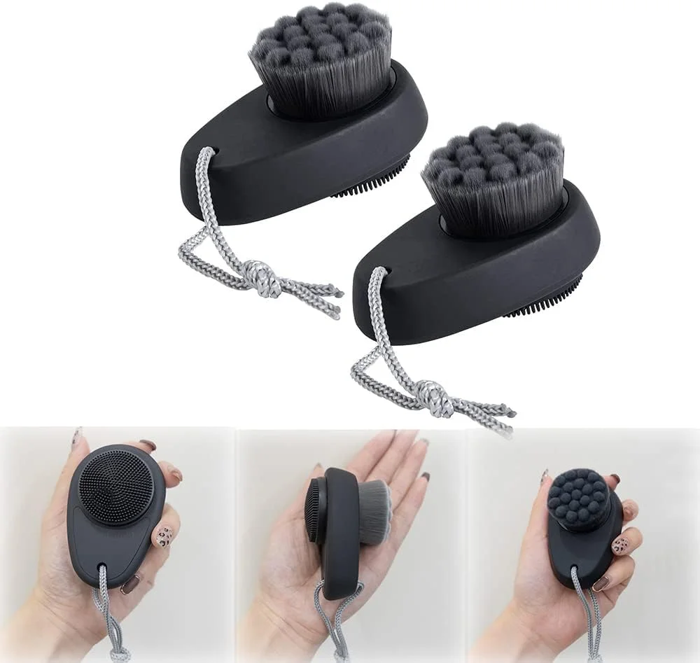 برس پاک کننده صورت خزنه، 2 در 1 برای لایه برداری صورت، میکروفیبر زغال بامبو نرم برای پاکسازی عمیق منافذ، برس اسکرابر سیلیکونی دوگانه صورت برای مراقبت از پوست به همراه درب، مشکی (2 عدد)