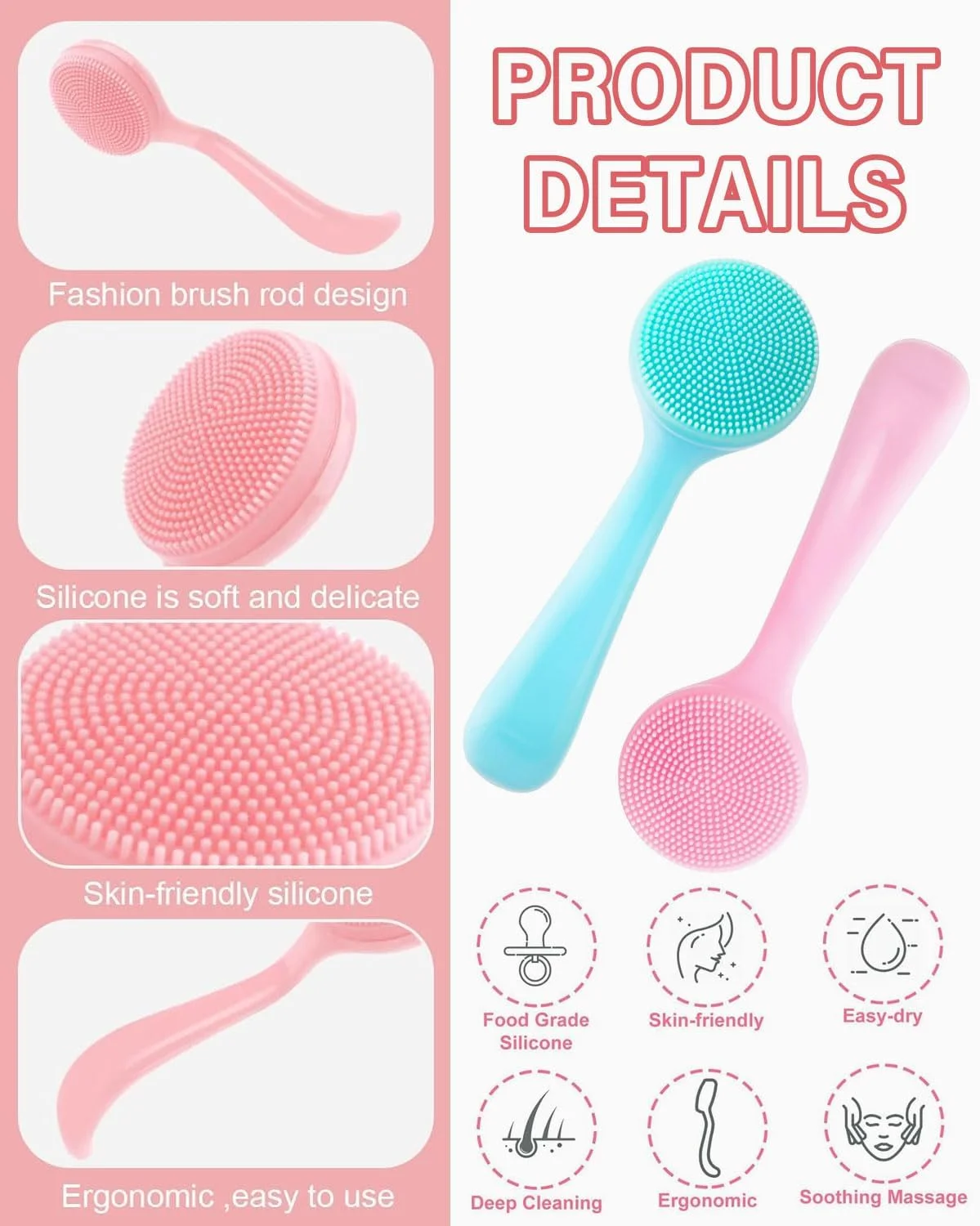 مجموعه 3 عددی برس پاک کننده صورت KEMUZ، برس های پاک کننده دستی صورت سیلیکونی، برس لایه بردار پاک کننده صورت با دسته برای پاکسازی منافذ، پاکسازی صورت برای انواع پوست