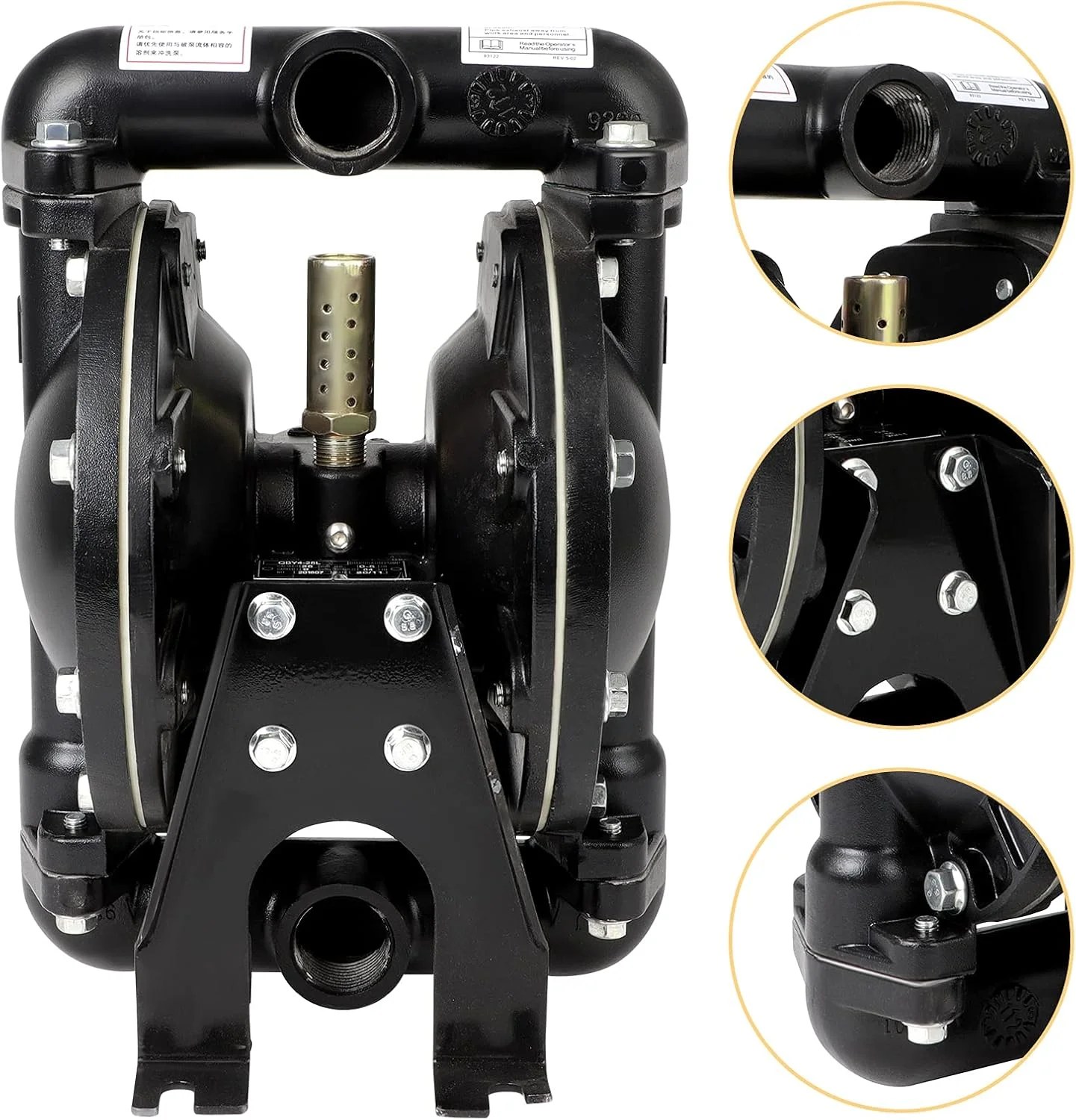 پمپ دیافراگمی دوگانه بادی QBY4-25L با خروجی 1 اینچ، انتقال پنوماتیک 35 GPM، حداکثر 120 PSI، مناسب برای استفاده صنعتی، مواد شیمیایی، روغن ضایعات، دارای دو جداره از جنس نیتریل و لاستیک فلورین، ساخته شده از آلیاژ آلومینیوم چدن