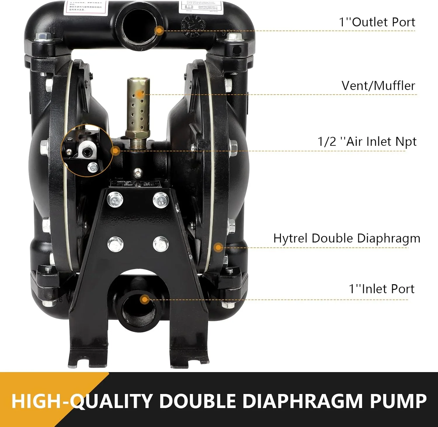 پمپ دیافراگمی دوگانه بادی QBY4-25L با خروجی 1 اینچ، انتقال پنوماتیک 35 GPM، حداکثر 120 PSI، مناسب برای استفاده صنعتی، مواد شیمیایی، روغن ضایعات، دارای دو جداره از جنس نیتریل و لاستیک فلورین، ساخته شده از آلیاژ آلومینیوم چدن