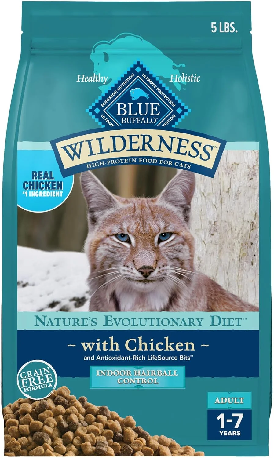 غذای خشک گربه بالغ بلو بوفالو Wilderness برای کنترل گلوله مو، فرمول بدون غلات و پروتئین بالا، طعم مرغ، کیسه 5 پوندی
