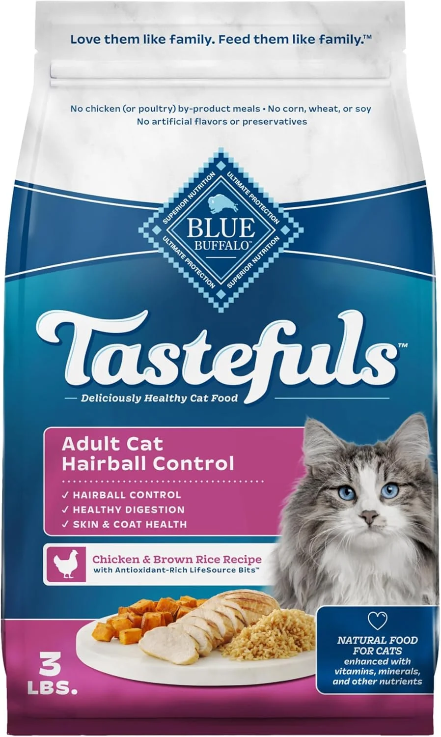 غذای خشک گربه بالغ Blue Buffalo Tastefuls برای کنترل گلوله مو، تولید شده در ایالات متحده آمریکا با مواد طبیعی، طعم مرغ و برنج قهوه ای، کیسه 3 پوندی