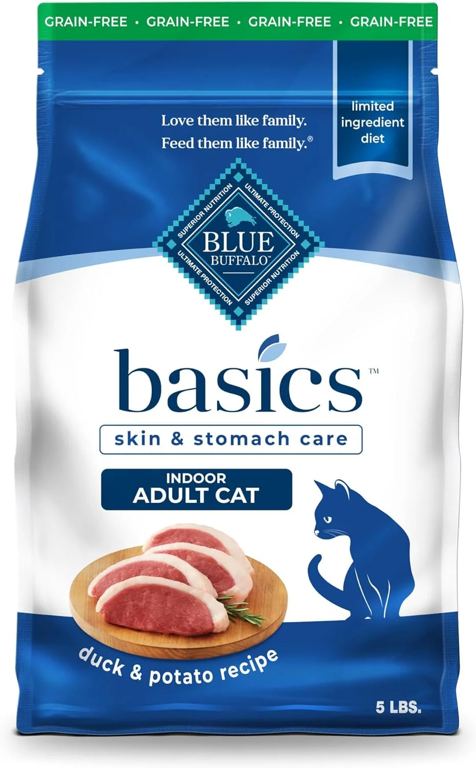 غذای خشک گربه بالغ با طعم اردک و سیب زمینی بلو بوفالو مدل Basics Skin & Stomach Care، بدون غلات، مناسب گربه های داخل خانه - وزن 5 پوند
