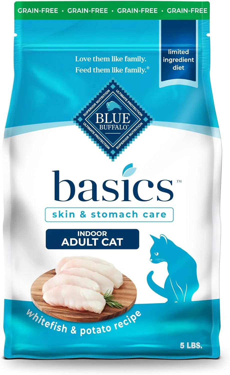 غذای خشک گربه بالغ Blue Buffalo Basics، مراقبت از پوست و معده، بدون غلات، طبیعی، مخصوص گربه های داخل خانه، ماهی و سیب زمینی 5 پوندی