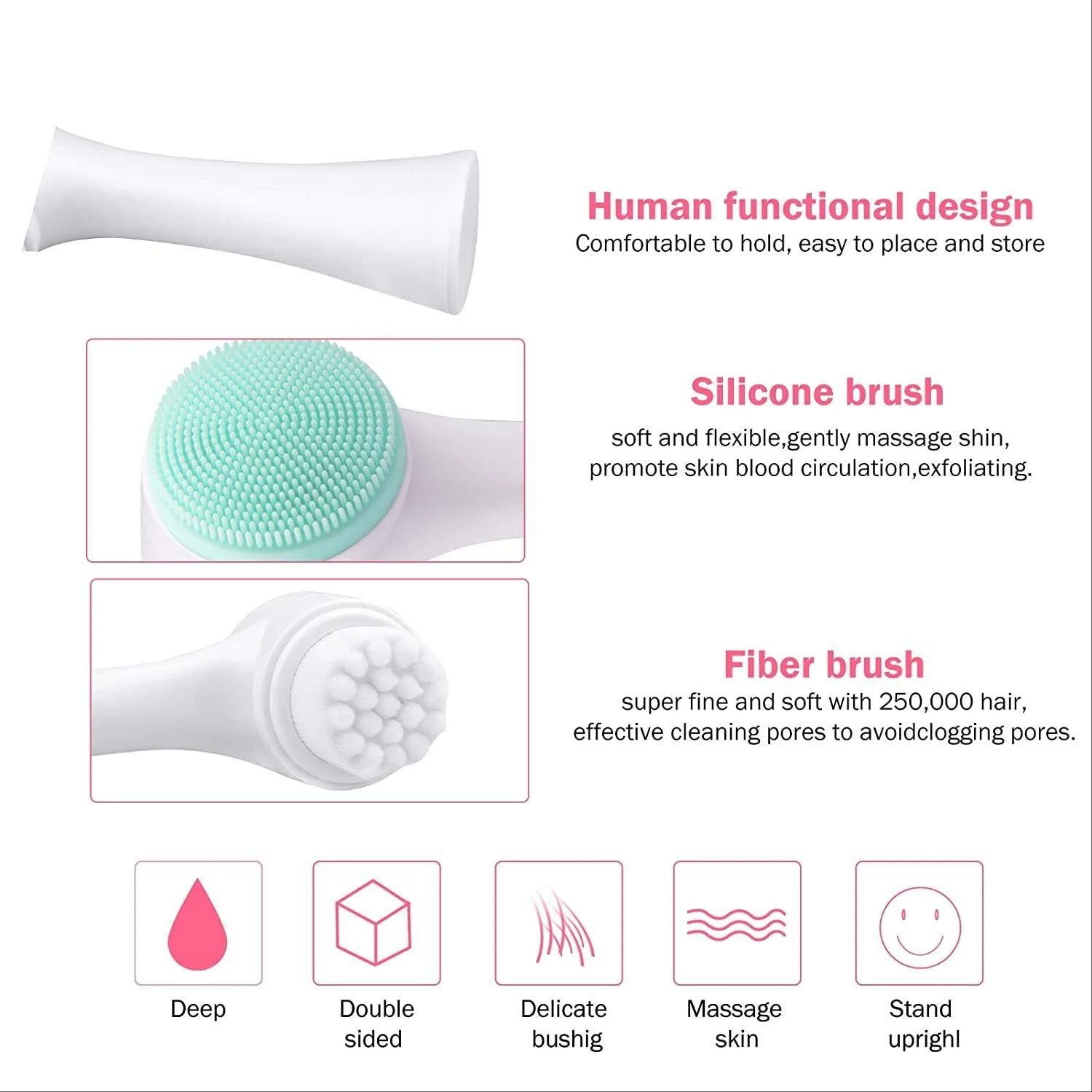 برس ماساژ شستشوی صورت WinCheer، برس پاک کننده دستی صورت، برس نرم دو طرفه سه بعدی، منافذ عمیق سیلیکونی، لایه برداری، پاک کننده آرایش، ماساژ جوانسازی پوست لطیف صورت (آبی)