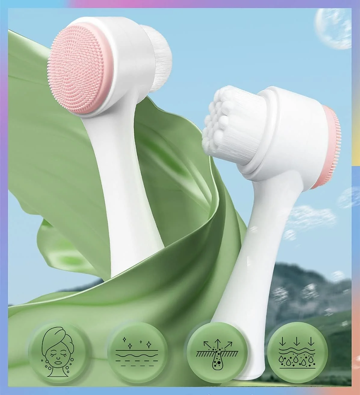 برس پاک کننده صورت Wolpin، دو طرفه، پاک کننده عمیق منافذ، دستی، 2 در 1، برس لایه بردار و پاک کننده صورت، ماساژ شستشوی صورت، اسکرابر سیلیکونی نرم (صورتی)