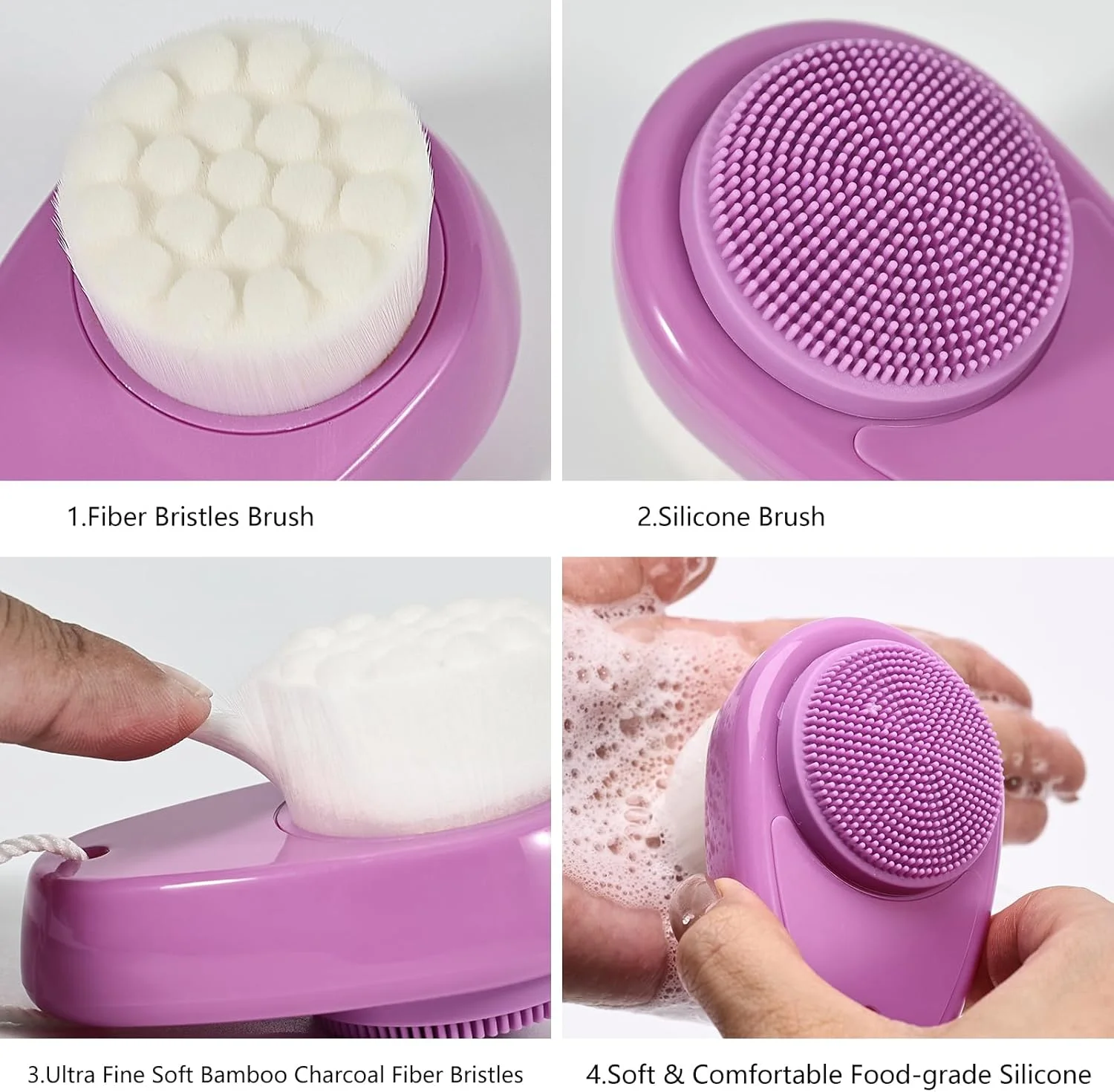 Silicone Face Scrubber Double Side, Handheld Facial Cleansing Brush 2 in 1 Face Cleanser Brush for Deep Cleansing and Exfoliating, Blackhead Makeup Removal 2 Pcs, Purple