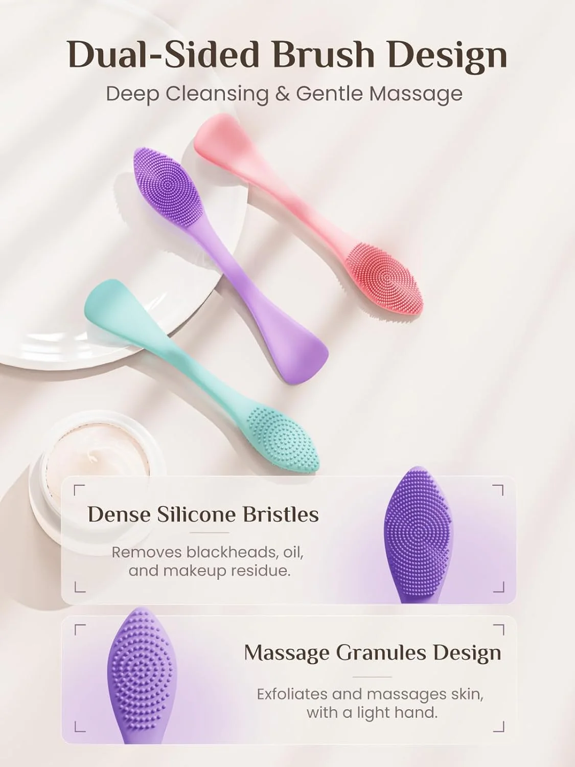 برس سیلیکونی شستشوی صورت رنا کریس، اپلیکاتور ماسک صورت 3 در 1 و برس پاک کننده منافذ، بسته 3 عددی برس پاک کننده دو طرفه صورت برای لایه برداری، حذف جوش های سرسیاه، اپلیکاتور مراقبت از پوست برای ماسک های گلی و رسی