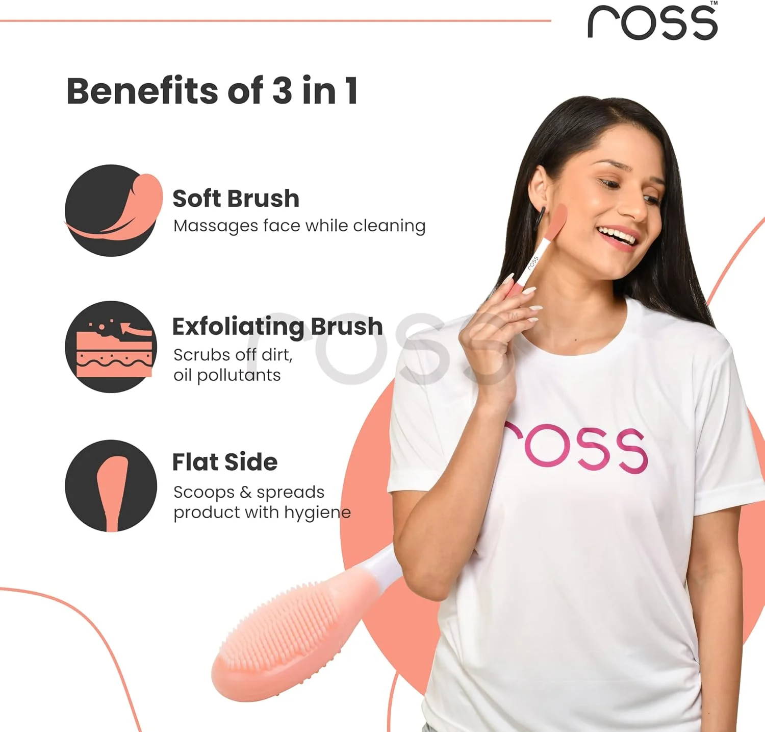 براش سیلیکونی ماسک صورت و برس پاک کننده لب Ross ساخته شده با موهای سیلیکونی فوق بهداشتی و نرم برای لایه برداری ملایم (هلویی)