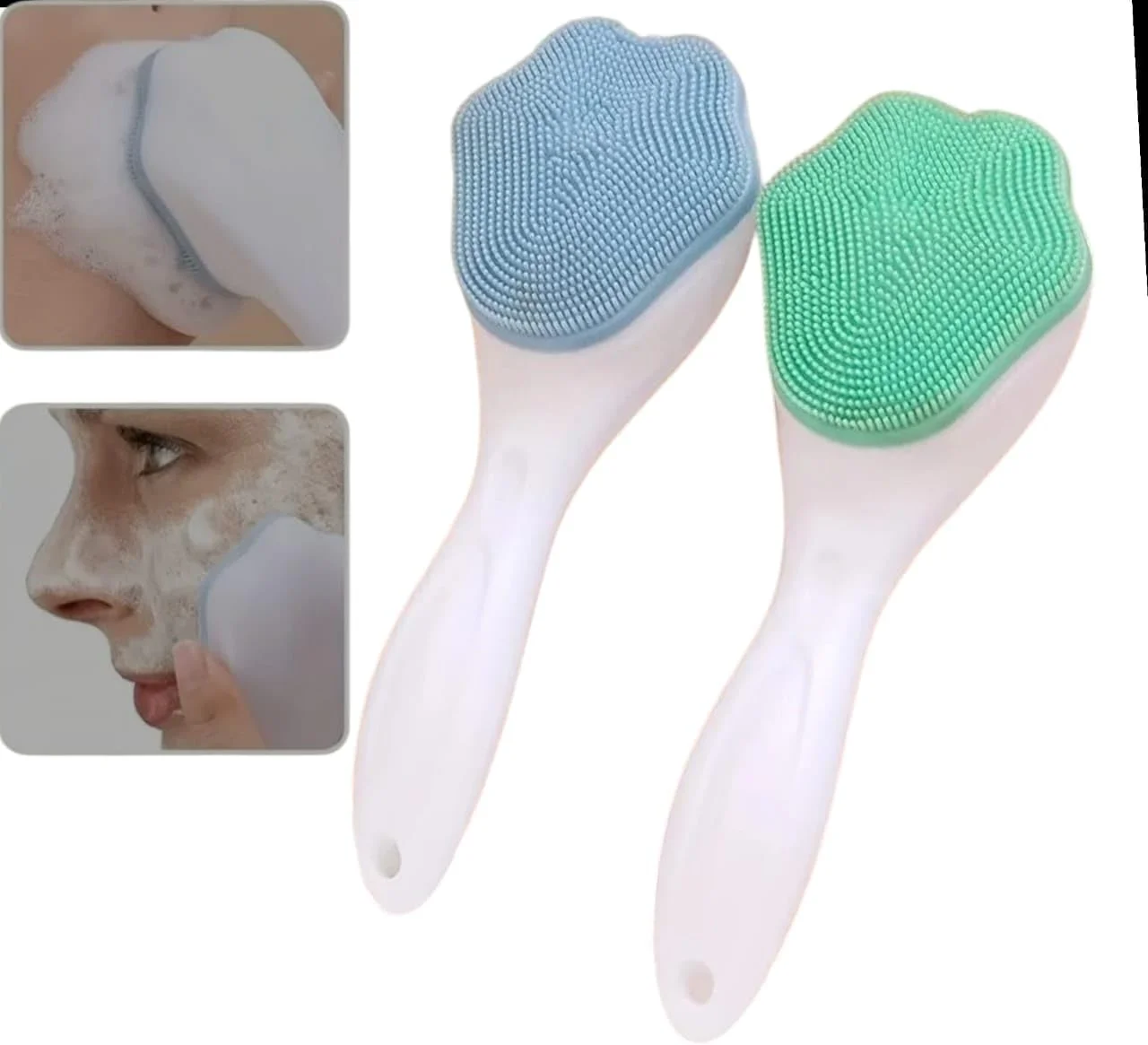 برس پاک کننده صورت با موهای سیلیکونی، 2 عددی، آبی و سبز، برس سیلیکونی با کیفیت خوب لایه بردار ملایم صورت