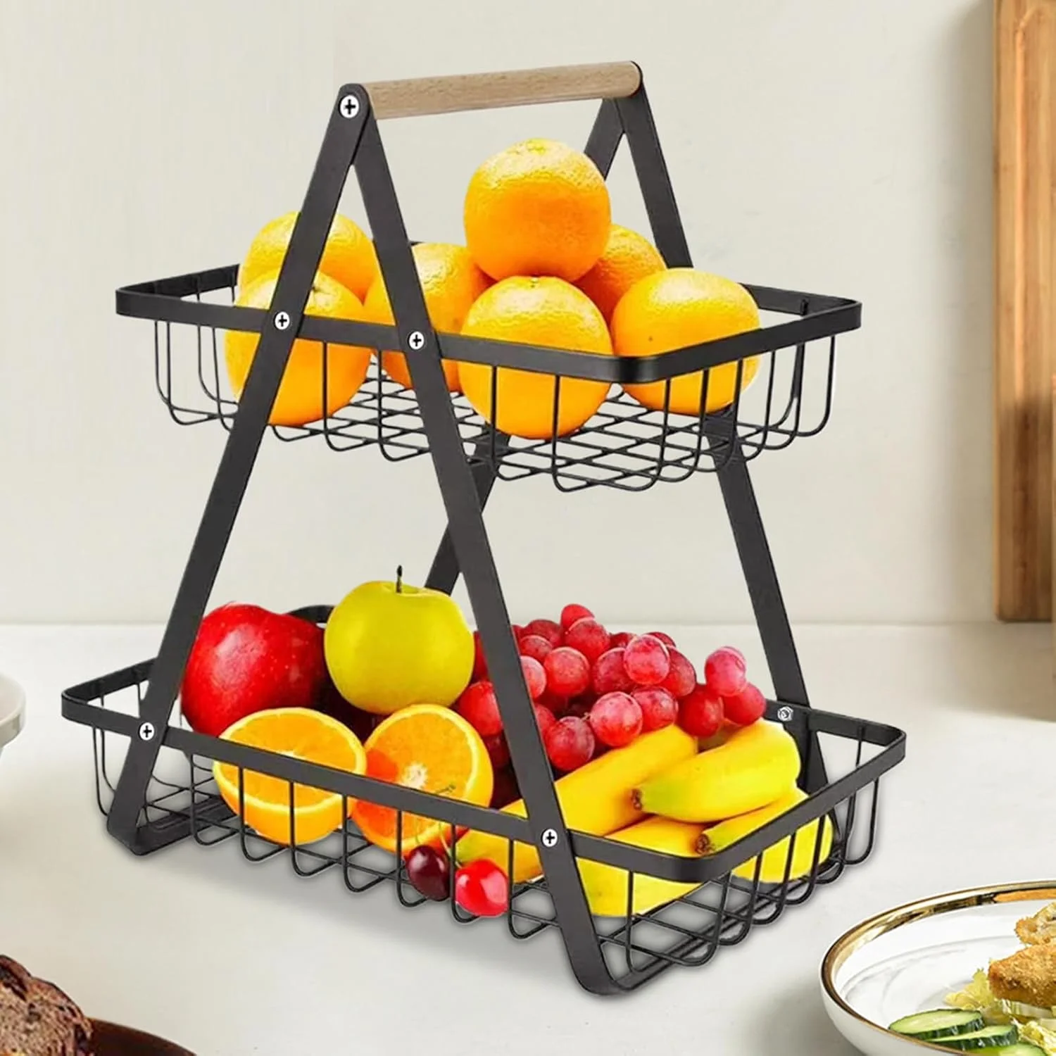 Fruit Basket | 2-Tier Fruit Basket for Kitchen | Rack Organizer Large Capacity Bowl Holder for Snack Cart Bread Serving Potato Veggies Party Storage Display