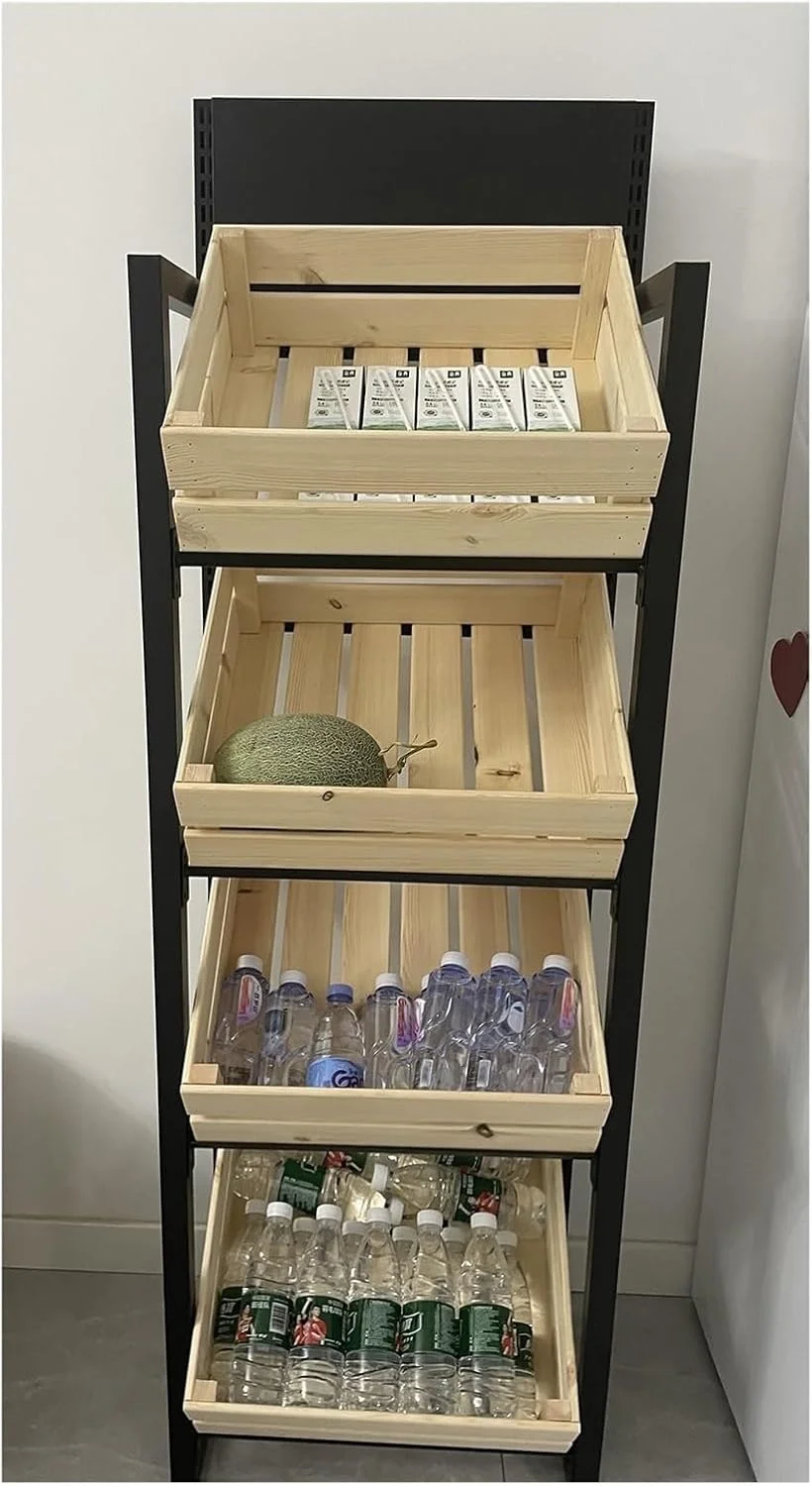 استند سبد میوه و سبزیجات چوبی، قفسه نگهداری آشپزخانه 4 طبقه، قفسه نمایش خرده فروشی سوپرمارکت، قفسه تنقلات شراب، نگهدارنده سیب زمینی و پیاز جداشدنی