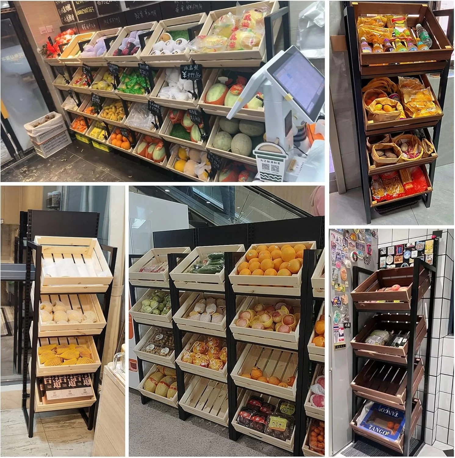 استند سبد میوه و سبزیجات چوبی، قفسه نگهداری آشپزخانه 4 طبقه، قفسه نمایش خرده فروشی سوپرمارکت، قفسه تنقلات شراب، نگهدارنده سیب زمینی و پیاز جداشدنی