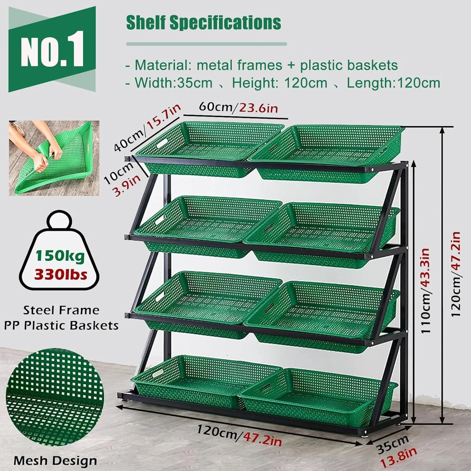 قفسه ذخیره سازی دو ردیفه 4/5 طبقه برای میوه، سبزیجات، پیاز و سیب زمینی - سبدهای با ظرفیت بزرگ - استند نمایش اسنک (4 طبقه) (سبز 4 طبقه)