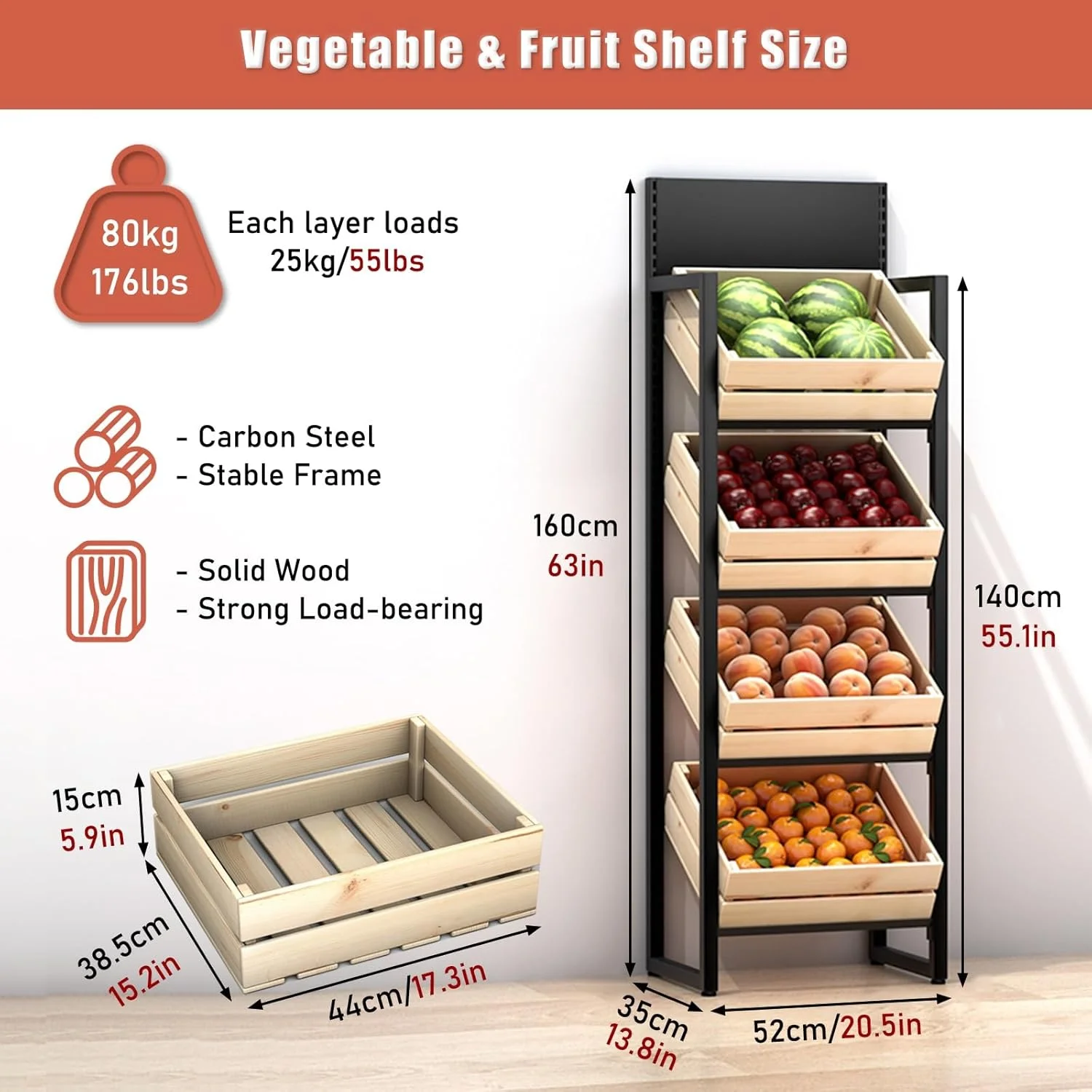 استند سبد میوه و سبزیجات چوبی، قفسه نگهداری آشپزخانه 4 طبقه، قفسه نمایش خرده فروشی سوپرمارکت، قفسه تنقلات شراب، نگهدارنده سیب زمینی و پیاز جداشدنی