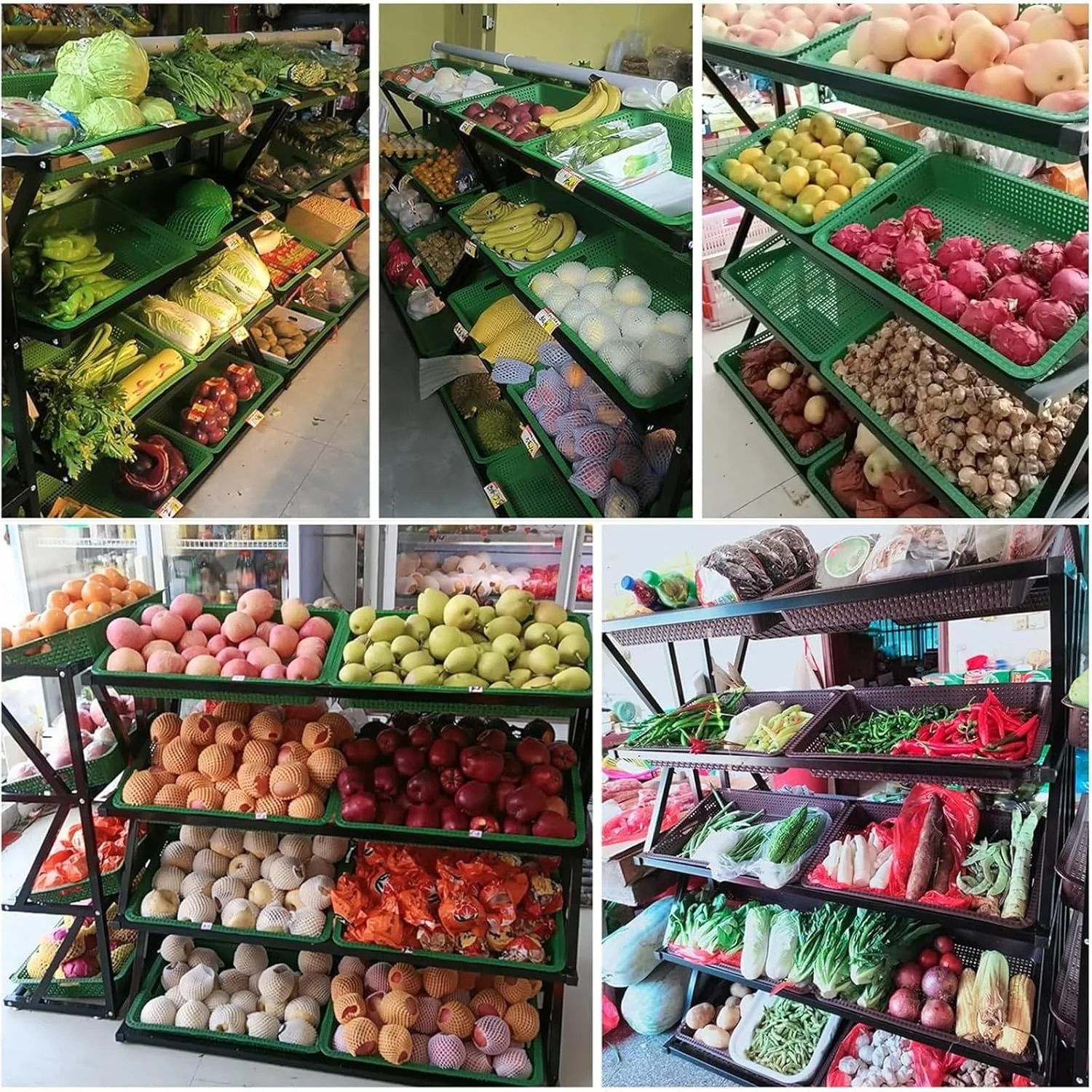 قفسه ذخیره سازی دو ردیفه 4/5 طبقه برای میوه، سبزیجات، پیاز و سیب زمینی - سبدهای با ظرفیت بزرگ - استند نمایش اسنک (4 طبقه) (سبز 4 طبقه)