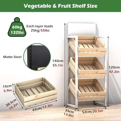 قفسه میوه و سبزیجات سوپرمارکت تجاری 3 و 4 طبقه، قفسه نمایش تنقلات خرده فروشی با ظرفیت بزرگ با سبدهای چوبی، استند نگهدارنده پیاز و سیب زمینی آشپزخانه (رنگ: 4 طبقه، سایز: مشکی)