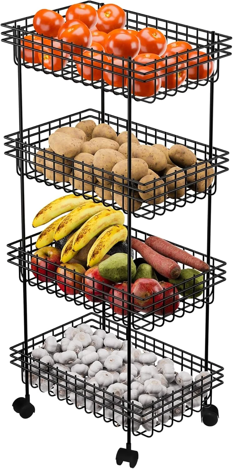 استند فلزی 4 طبقه چند منظوره میوه و سبزیجات کیوبر اینداستریز / ترولی آشپزخانه چرخ دار | قفسه پیاز و سیب زمینی برای نگهداری در آشپزخانه | مشکی