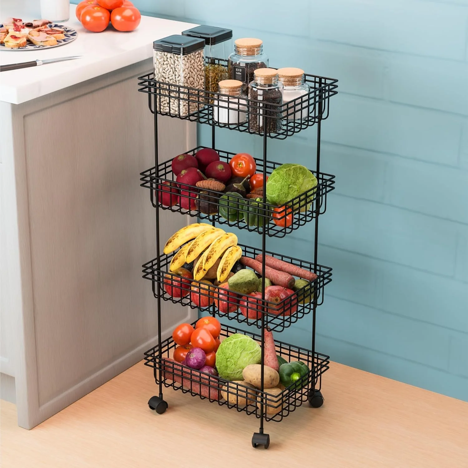 استند فلزی 4 طبقه چند منظوره میوه و سبزیجات کیوبر اینداستریز / ترولی آشپزخانه چرخ دار | قفسه پیاز و سیب زمینی برای نگهداری در آشپزخانه | مشکی