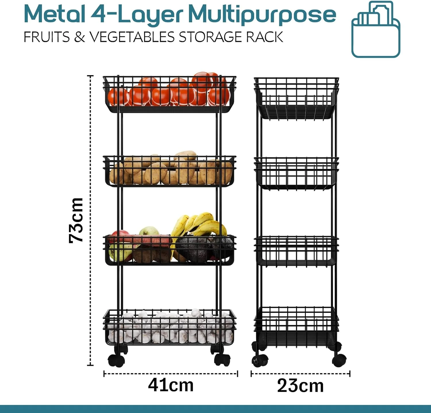 استند فلزی 4 طبقه چند منظوره میوه و سبزیجات کیوبر اینداستریز / ترولی آشپزخانه چرخ دار | قفسه پیاز و سیب زمینی برای نگهداری در آشپزخانه | مشکی